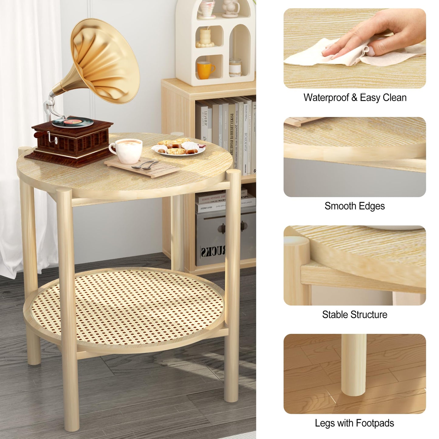 AWQM 2-tier round coffee table, rattan bedside table small bedside table