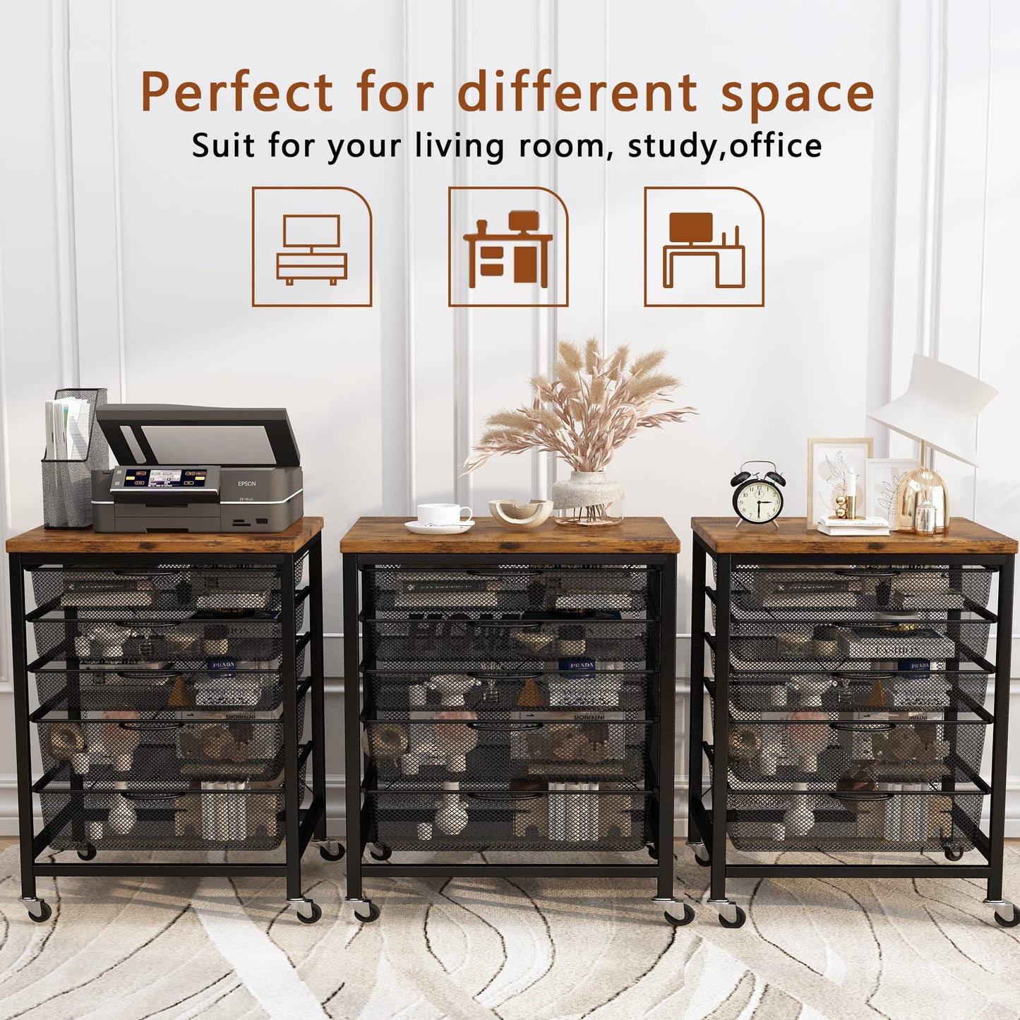 AWQM  Rolling File Organizer, 5-Drawer Cart Organizer with Lockable Rollers