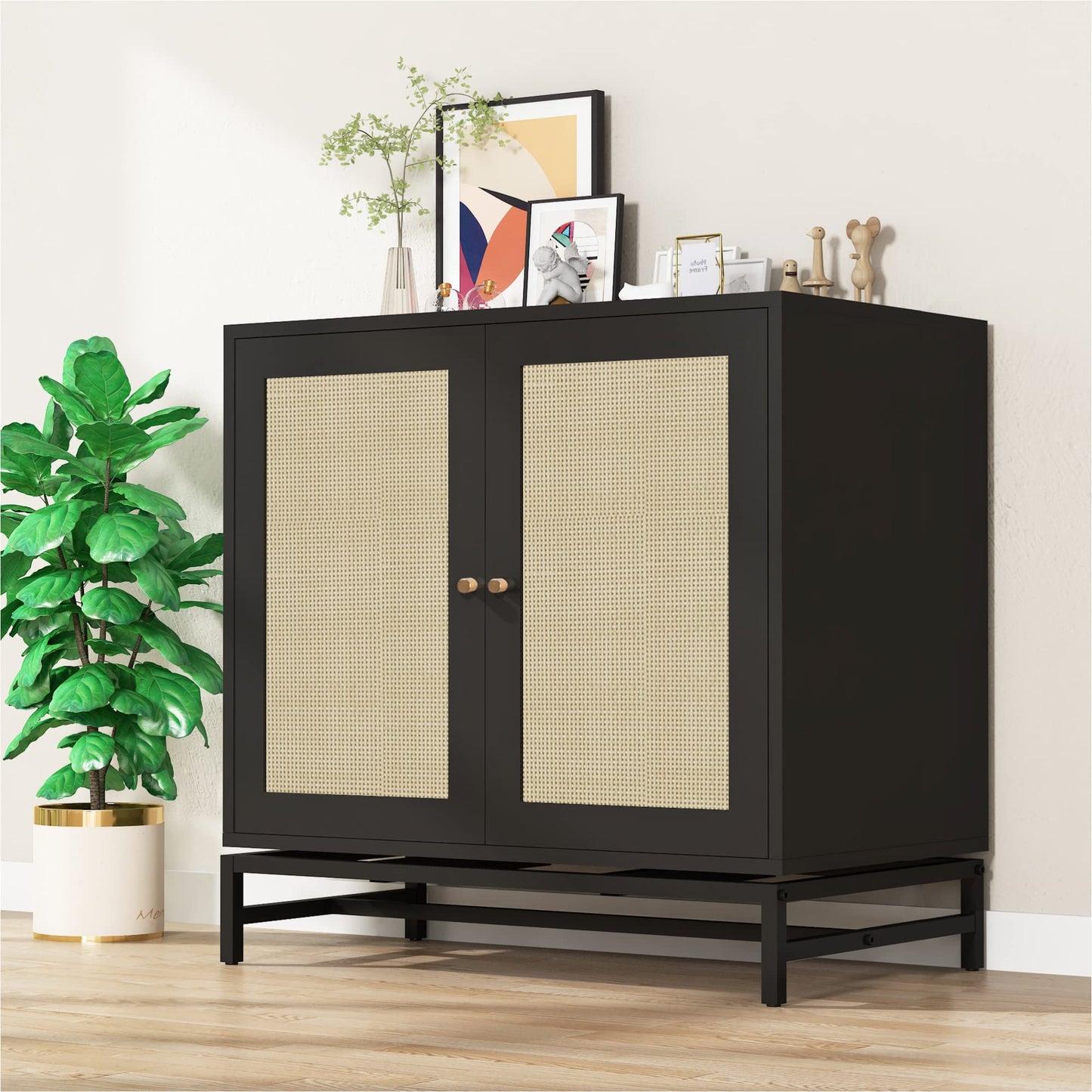 AWQM Industrial Wooden Door Rattan Storage Cabinet Metal Legs