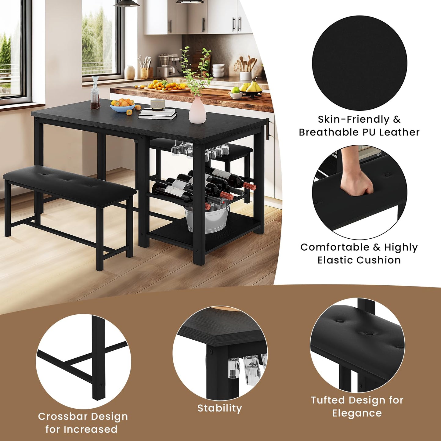 AWQM Marble Dining Table Set for 2-4 with Wine Rack, Storage Shelves