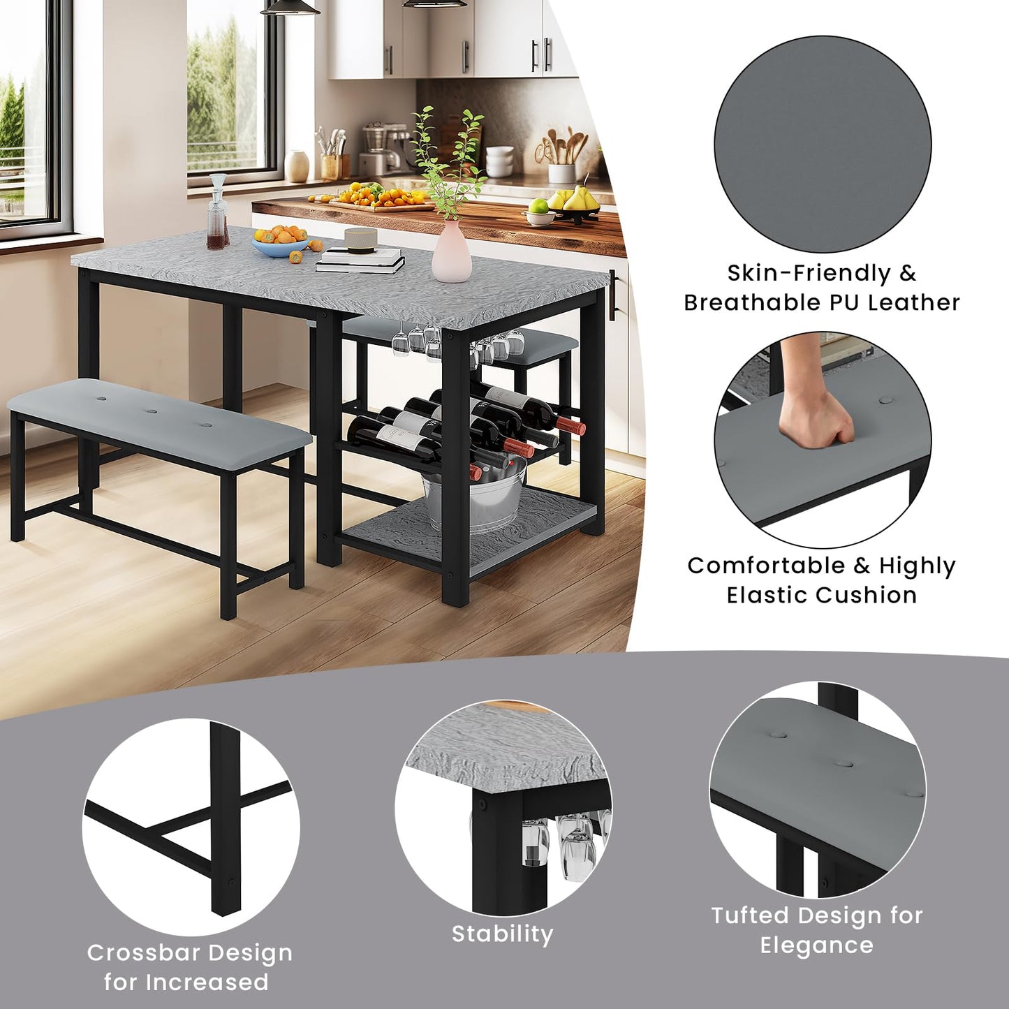 AWQM Marble Dining Table Set for 2-4 with Wine Rack, Storage Shelves