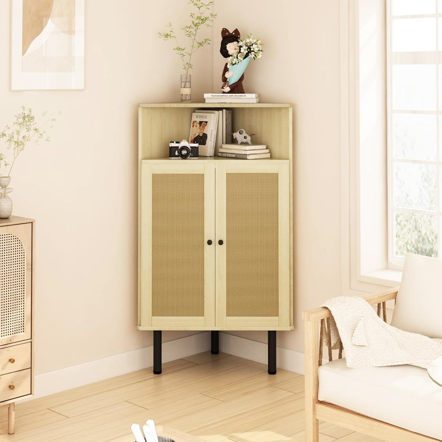 AWQM 4-Tier Corner Cabinet with Doors and Shelves, Rattan Freestanding Bar Storage