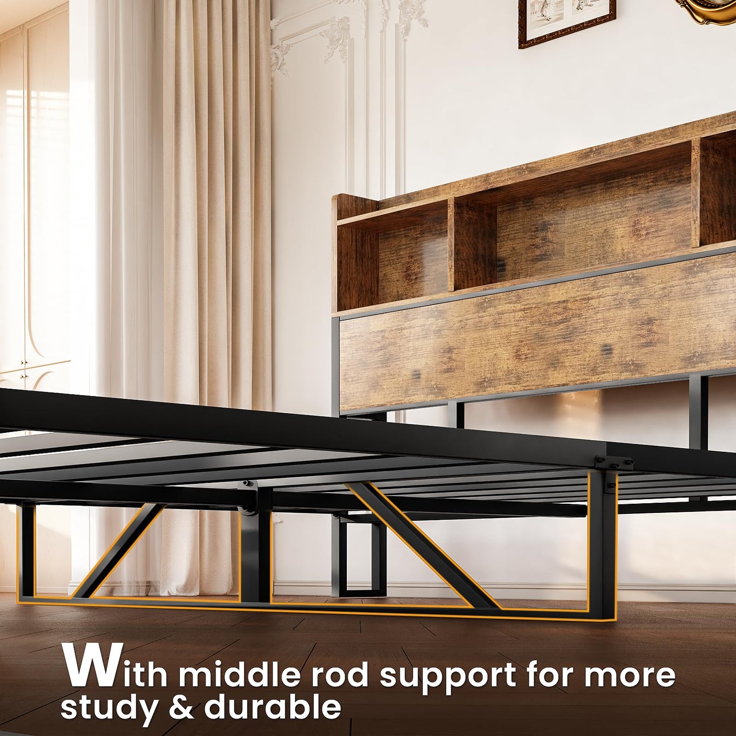 AWQM Industrial Wood Bed Frame, Storage Headboard and Charging Station