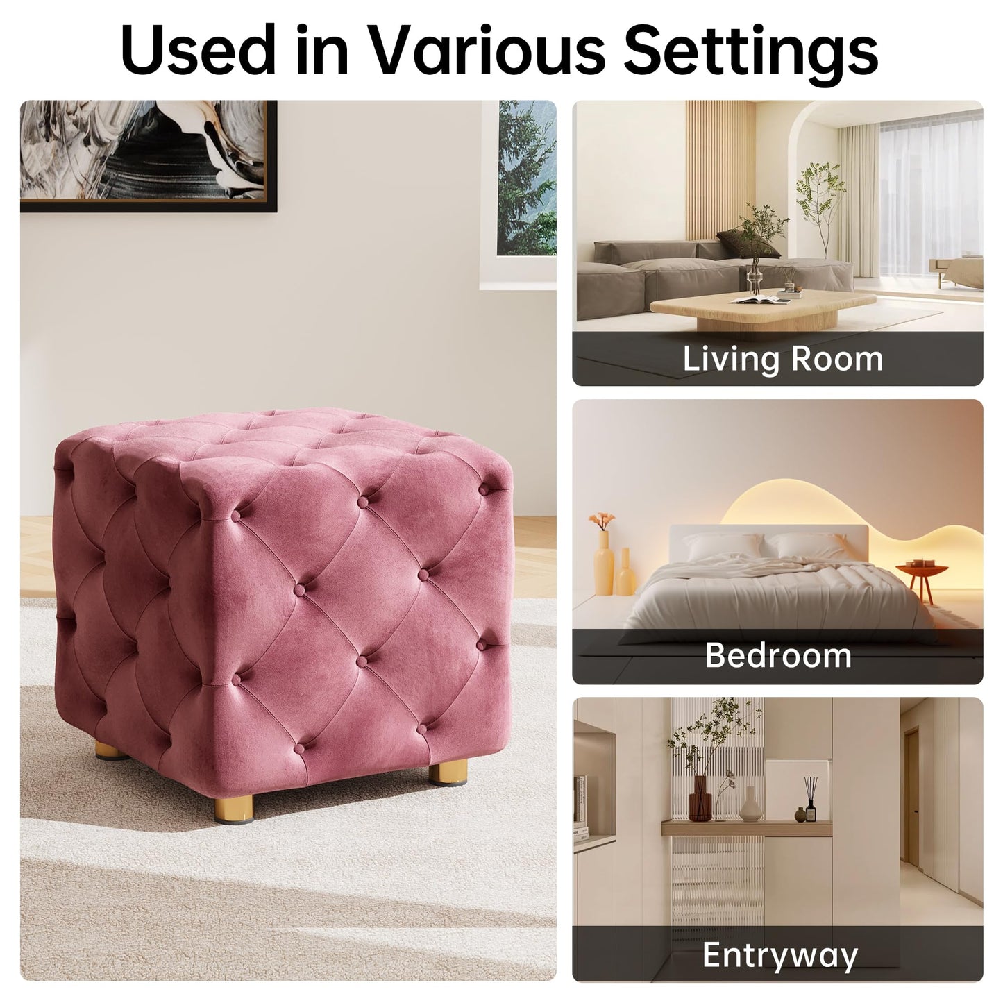 AWQM Small Velvet Ottoman, Modern Versatile Square Footstool with Metal Legs