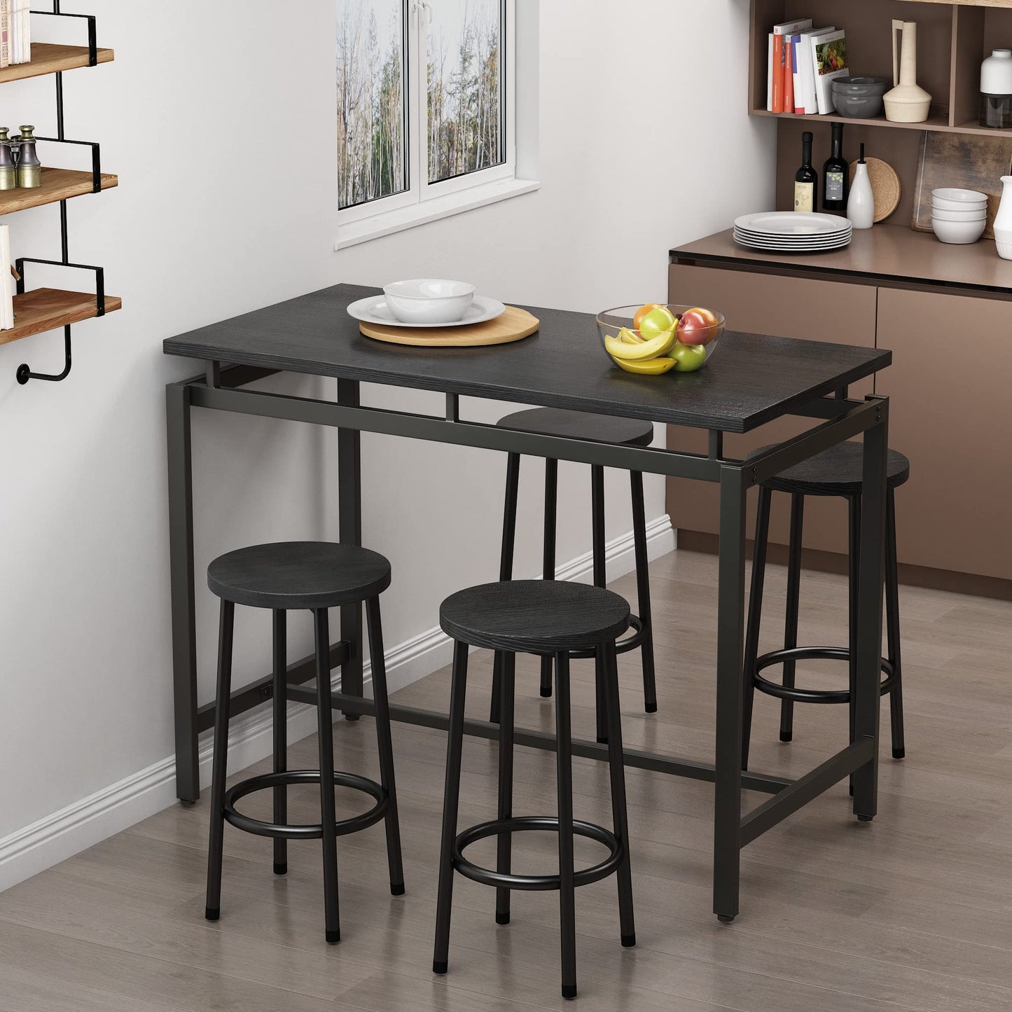 AWQM Industrial Wooden Bar 5-Piece Dining Table Set for 4