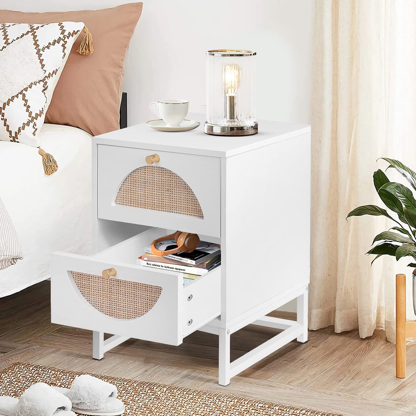 AWQM Rattan bedside table (set of 2), wooden coffee table