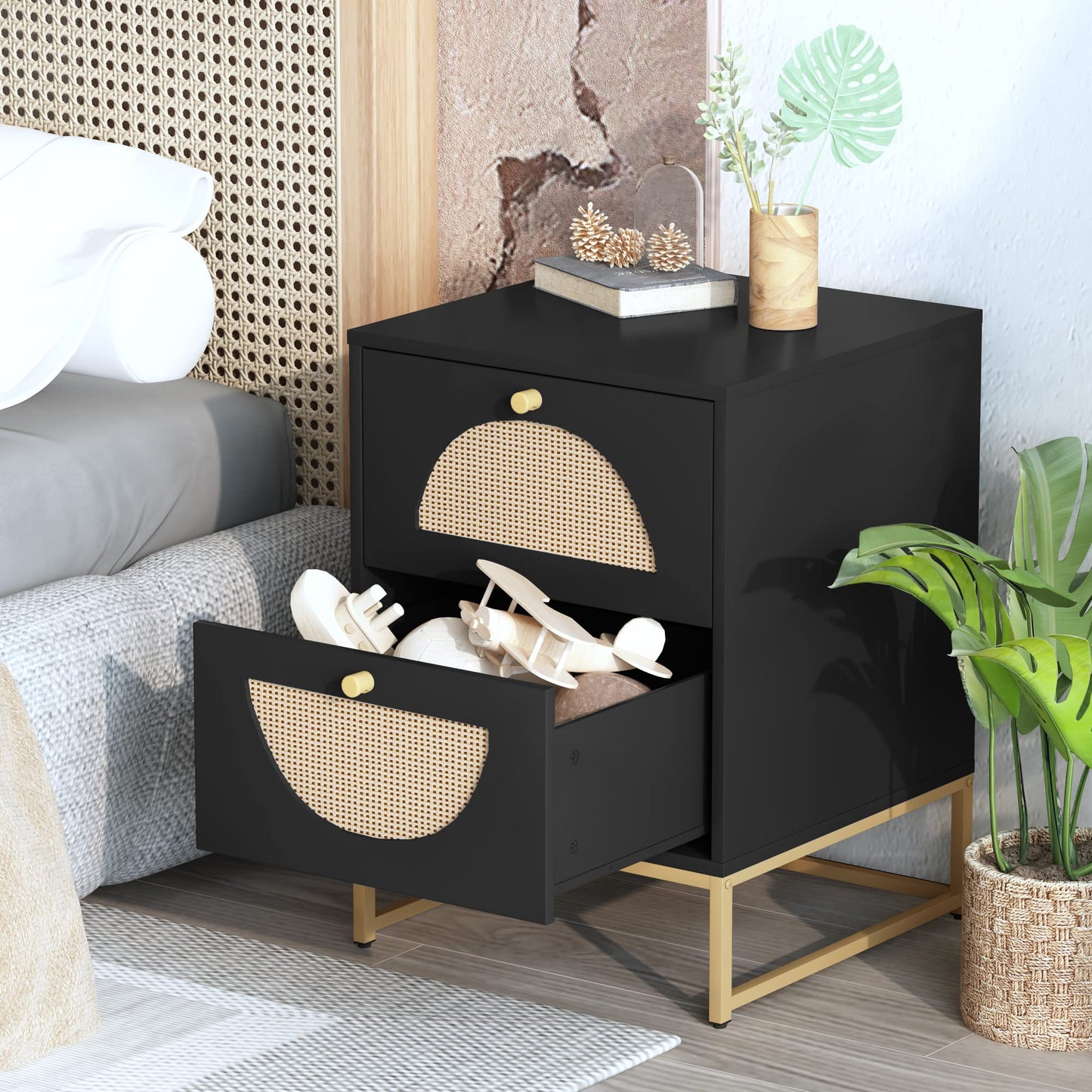 AWQM wooden rattan bedside table set of 2