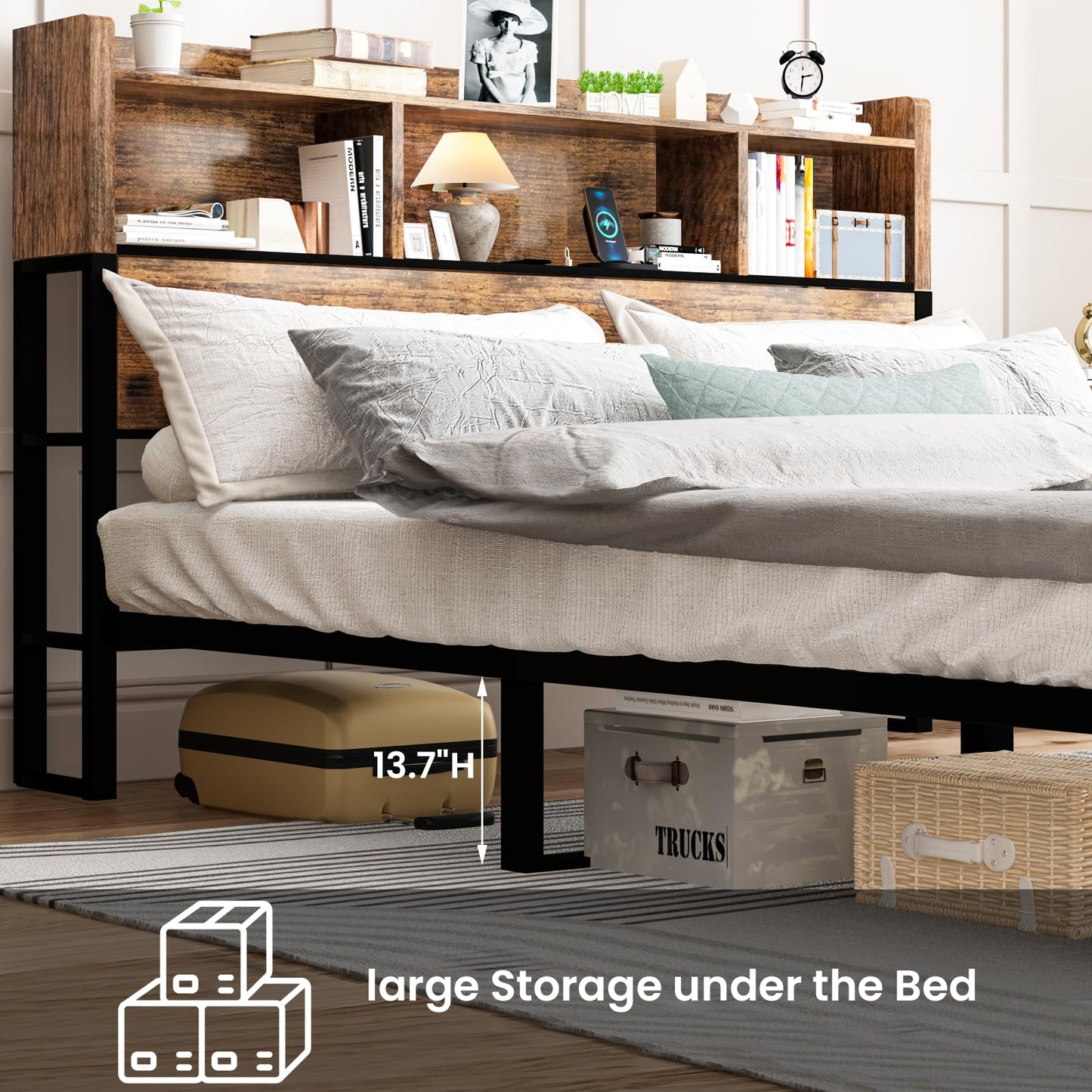 AWQM Industrial Solid Wood Queen Size Bed Frame with Charger