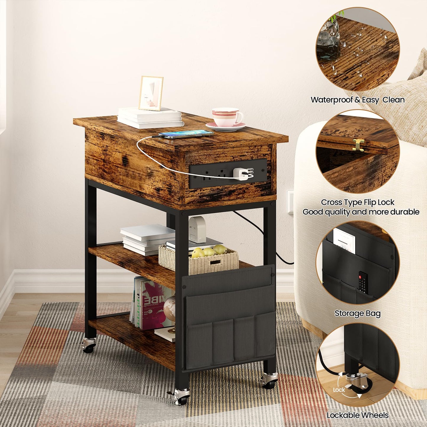 AWQM  Side table with charging column 2 PCS Flip-top side table