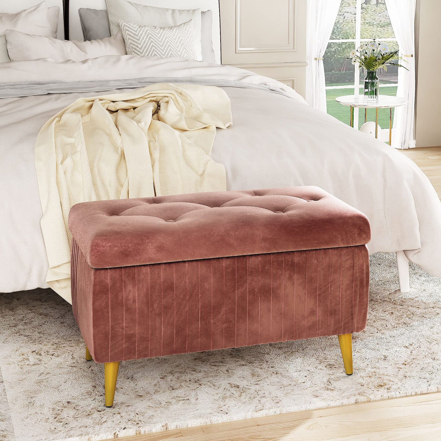 AWQM Tufted Storage Ottoman, Velvet Upholstered Storage Ottoman