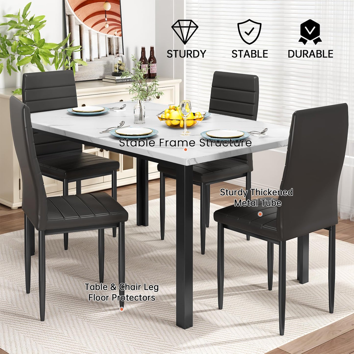AWQM 5 Piece Set, Faux Marble 4 Person Dining Table and Chairs