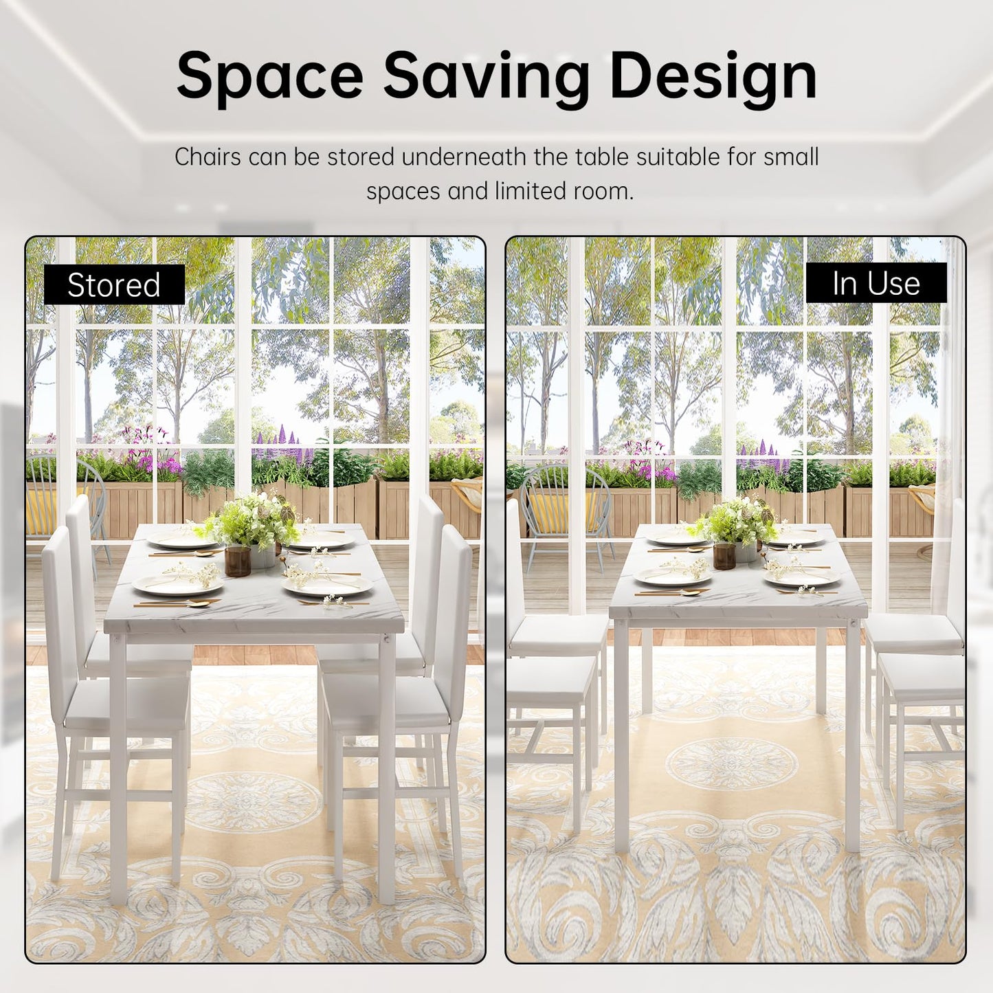 AWQM marble dining table set 4 PU leather chairs 4 person dining table and chairs