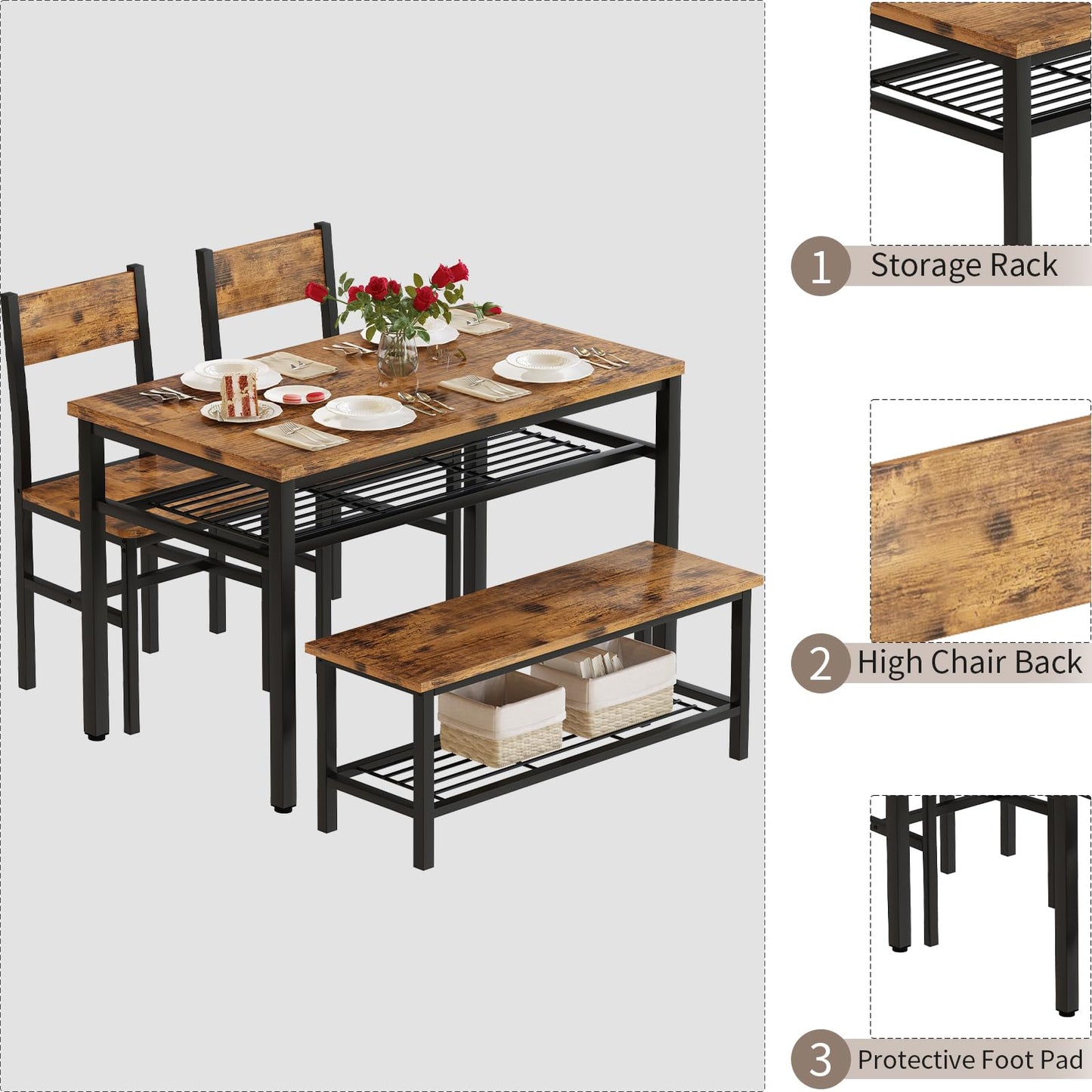 AWQM industrial wooden 4-piece kitchen dining table set for 4 people