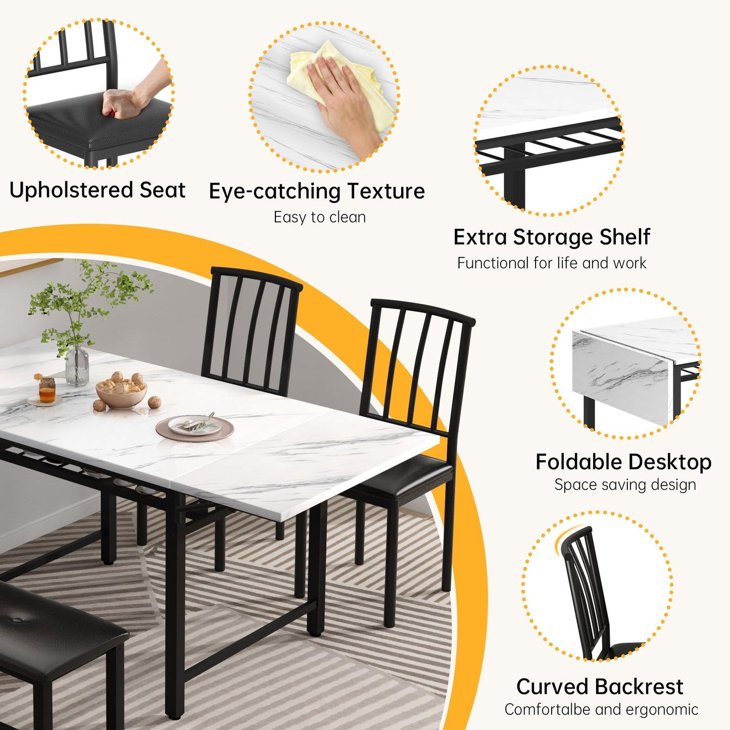 AWQM Industrial Wood 4-Piece Faux Wood Folding Leaf Dining Table Set with Storage Rack