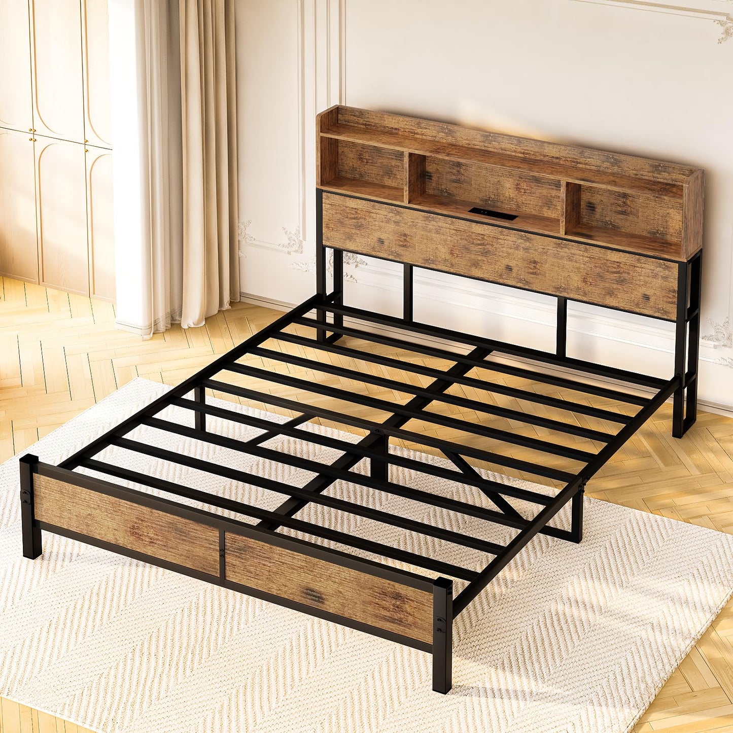AWQM Industrial Wood Bed Frame, Storage Headboard and Charging Station