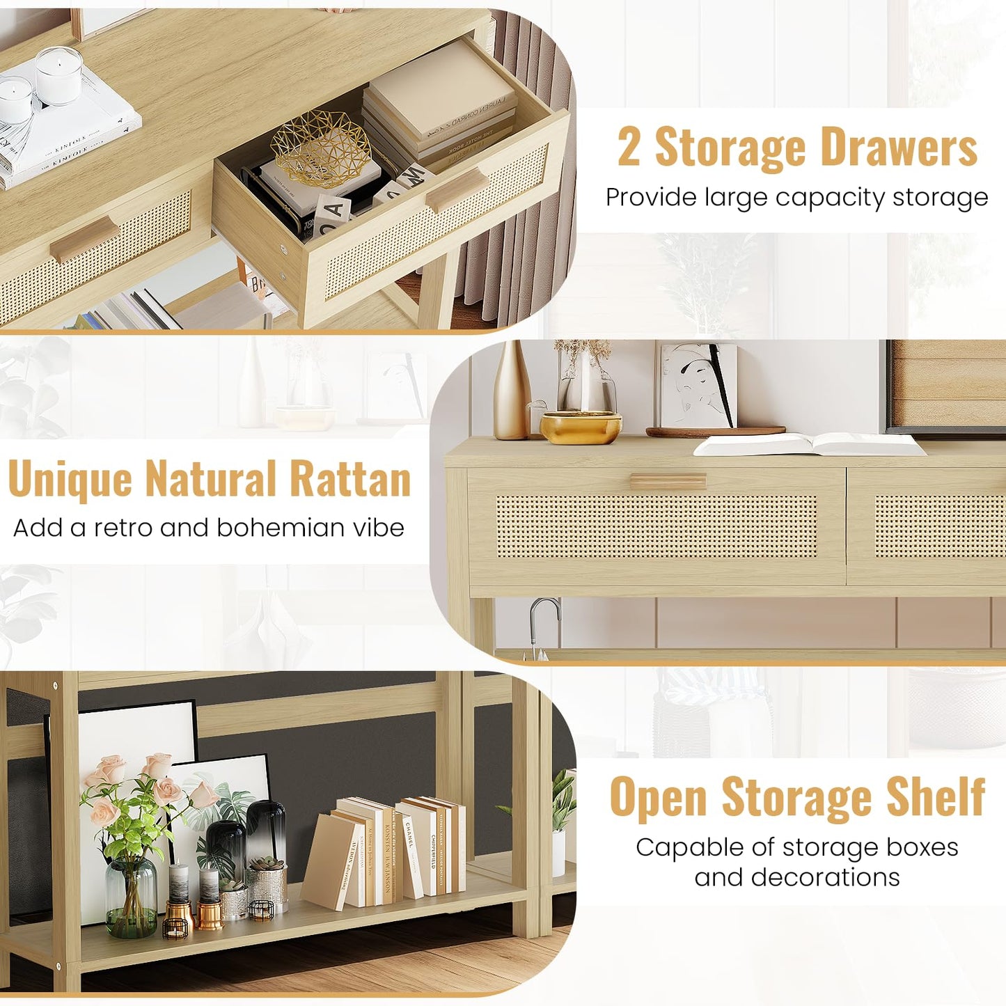 AWQM Rattan Entryway Table Narrow Entryway Table with 2 Drawers