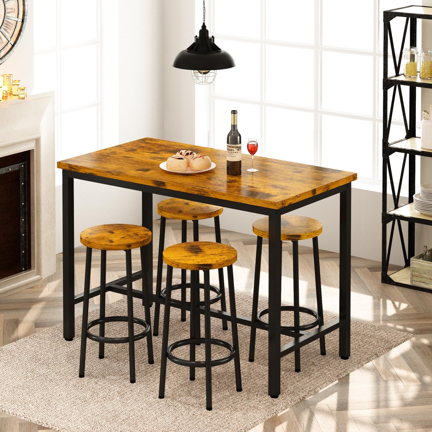 AWQM Small Industrial Wooden Dining Table Set for 4
