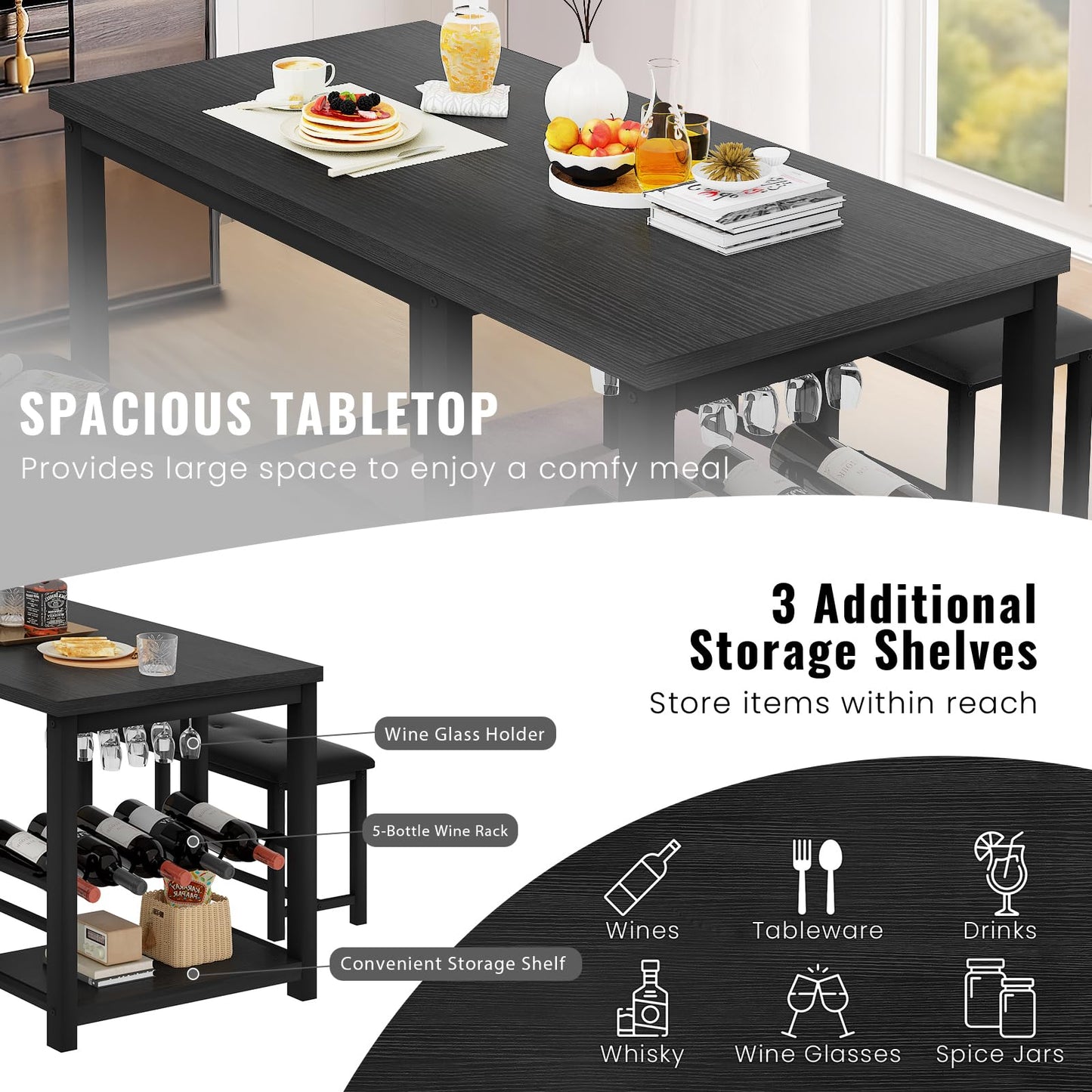 AWQM Marble Dining Table Set for 2-4 with Wine Rack, Storage Shelves
