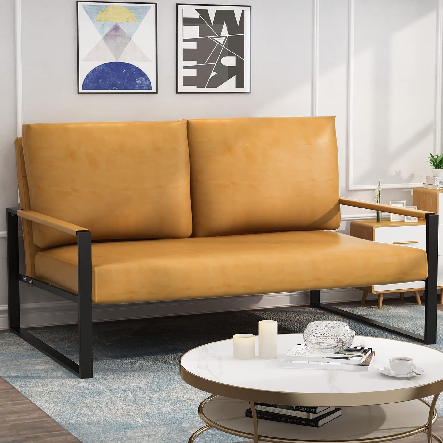 AWQM Mid-Century Modern Sectional Sofa, Upholstered Faux Leather Loveseat