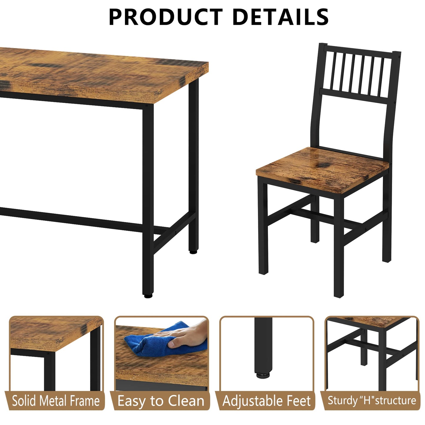 AWQM Industrial Wooden Metal Frame Dining Table and Chairs for 4 Persons