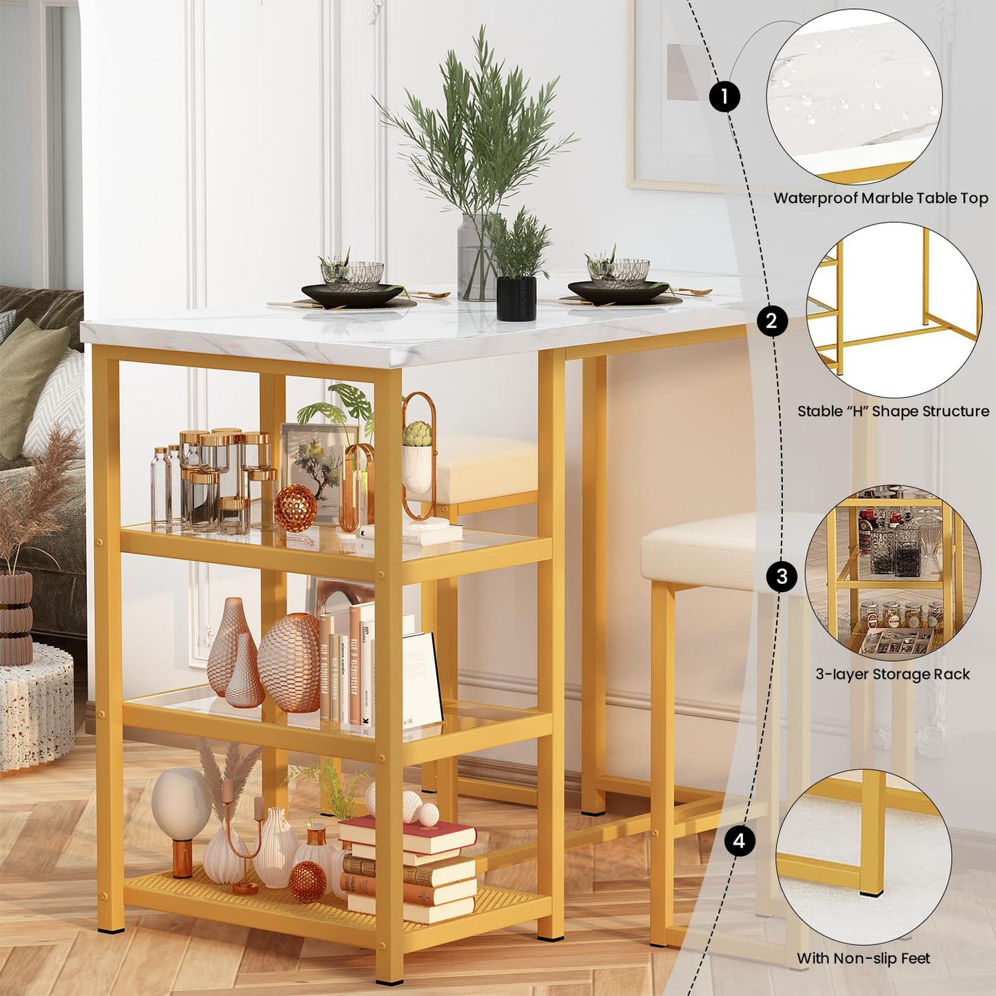 AWQM Marble Kitchen Island Bar 3 Piece Dining Table Set for 2 with 2 Velvet Stools