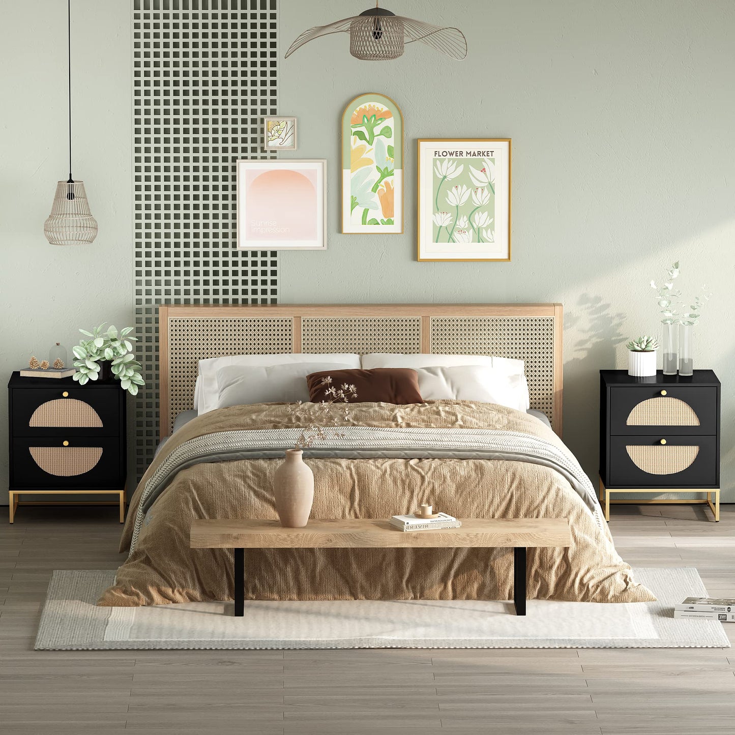 AWQM wooden rattan bedside table set of 2