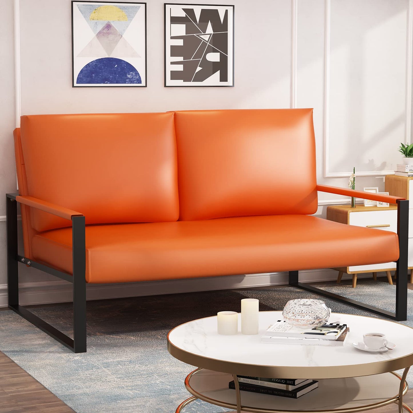 AWQM Mid-Century Modern Sectional Sofa, Upholstered Faux Leather Loveseat