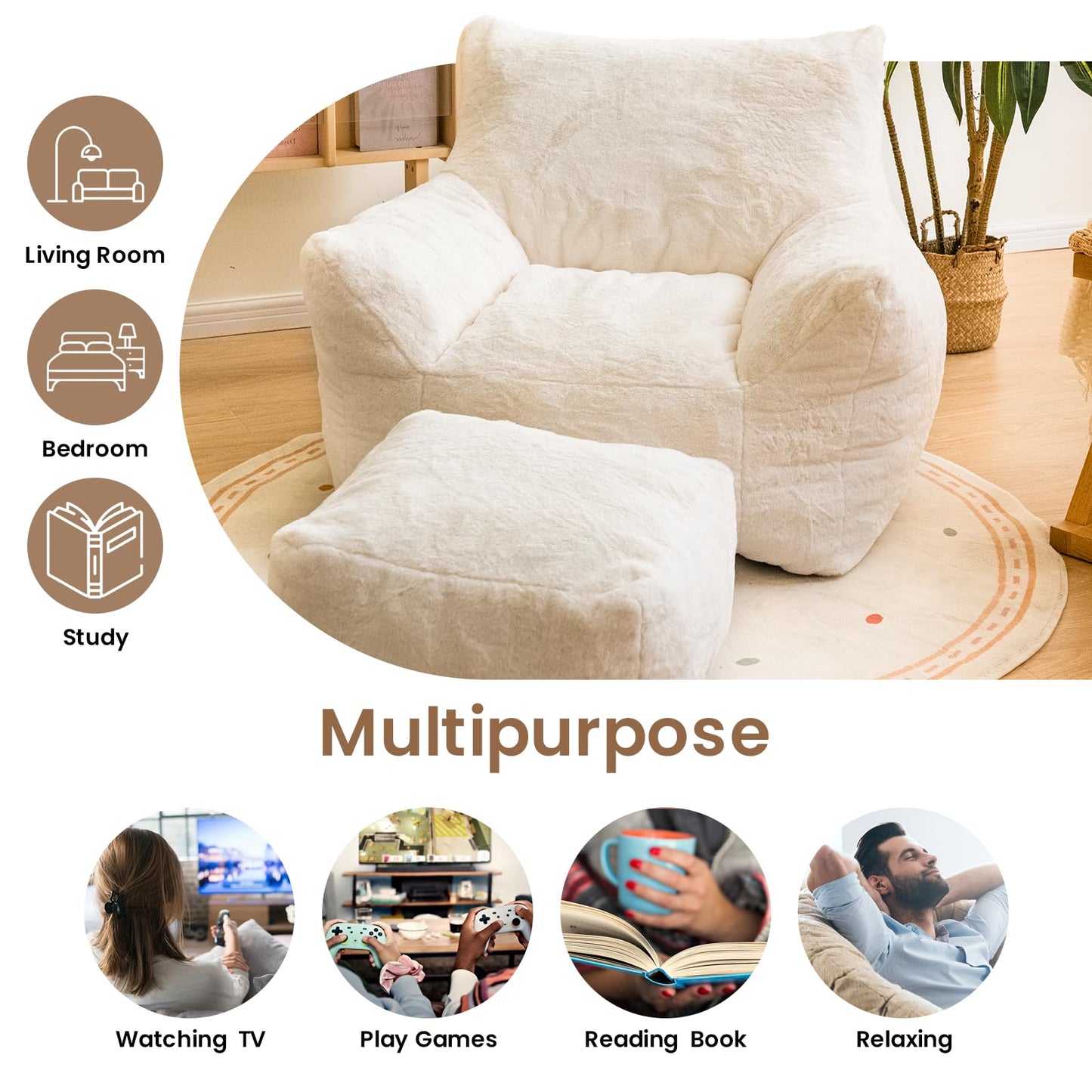 AWQM Bean Bag Chair with Footstool, Bean Bag Chair with Padded Arms