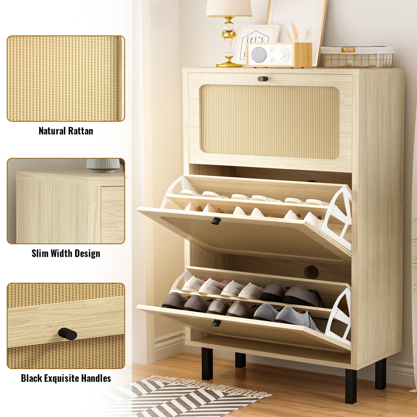AWQM Freestanding shoe cabinet with 3 rattan flip-up drawers