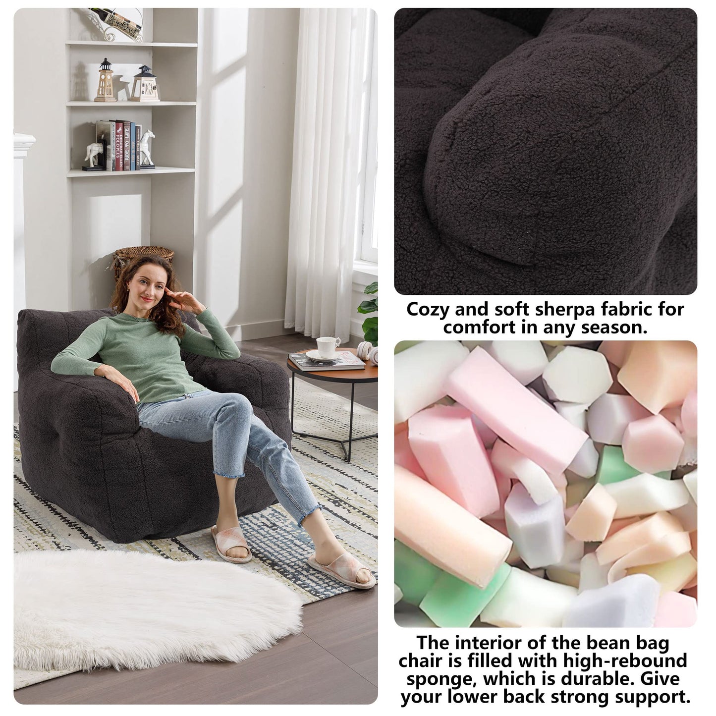 AWQM Fluffy Lazyboy Bean Bag Chair Padded Tufted Upholstered Bean Bag Chair