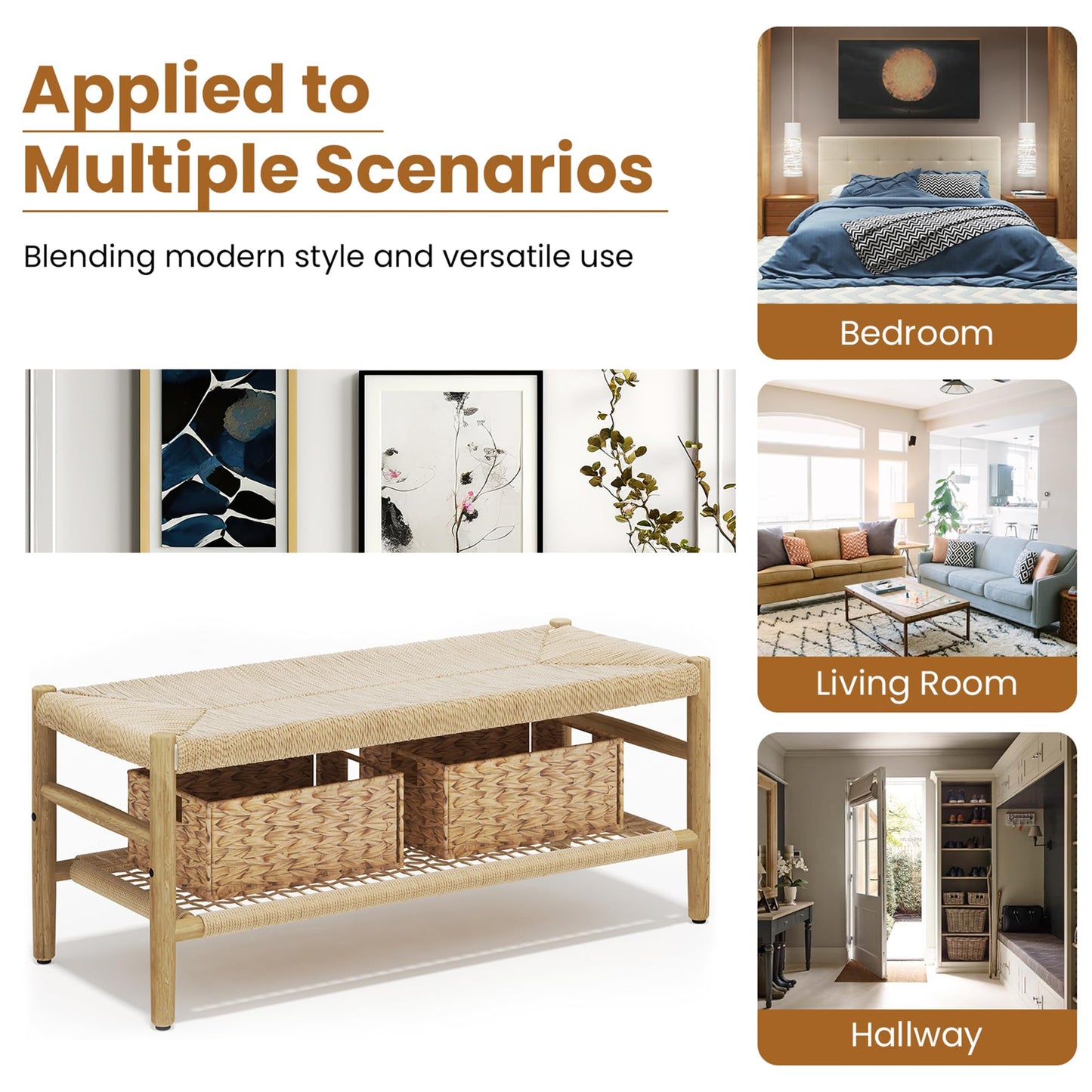 AWQM Entryway Storage Bench with Net Shelf and 2 Baskets