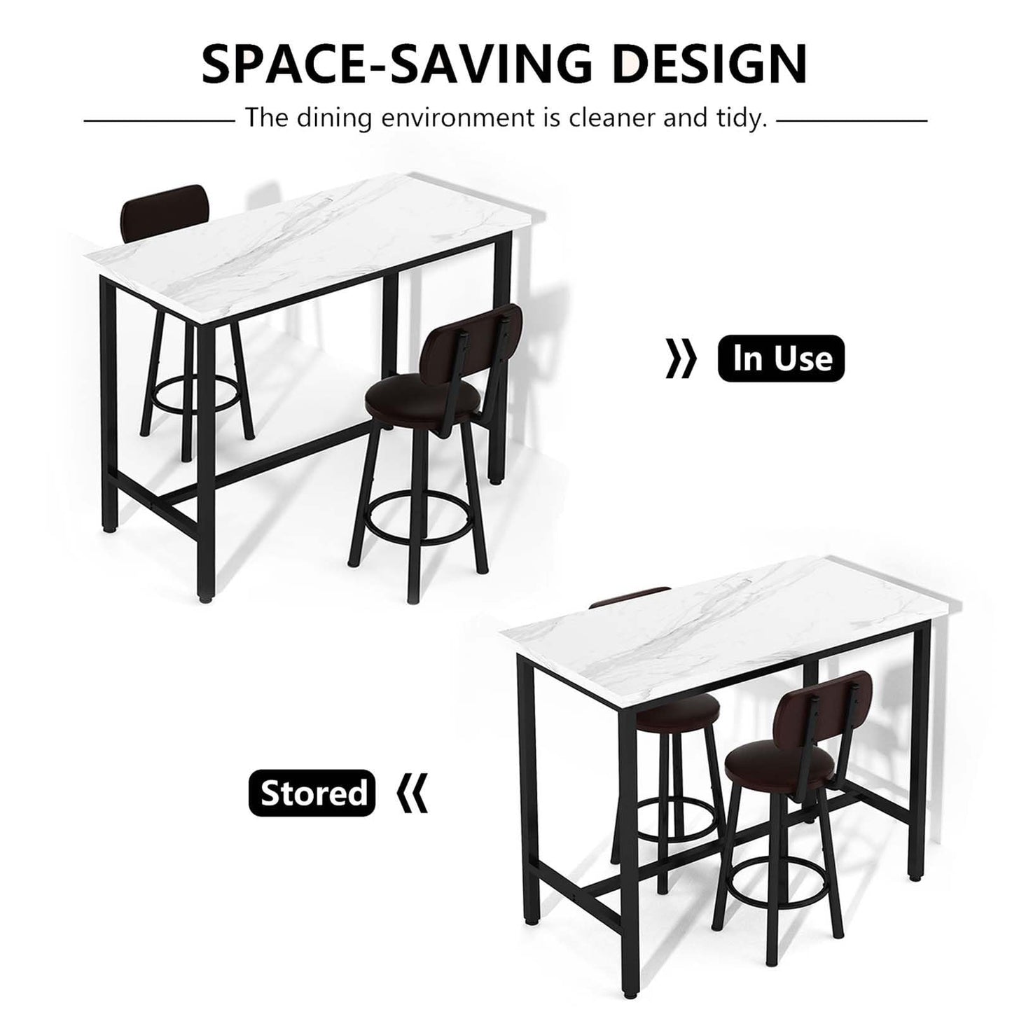 AWQM, 47-Inch Rectangular Kitchen Marble Table and Chair Set with PU Leather Stools