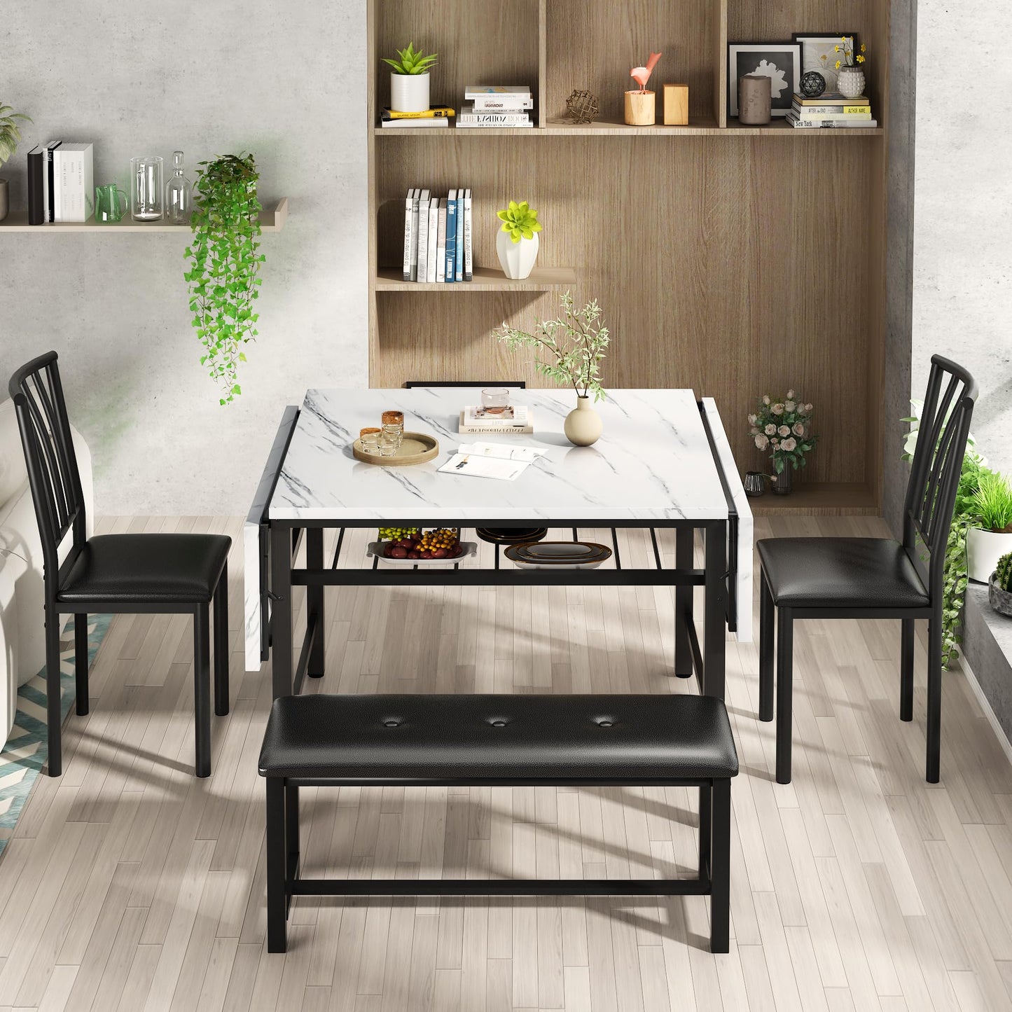 AWQM Industrial Wood 4-Piece Faux Wood Folding Leaf Dining Table Set with Storage Rack
