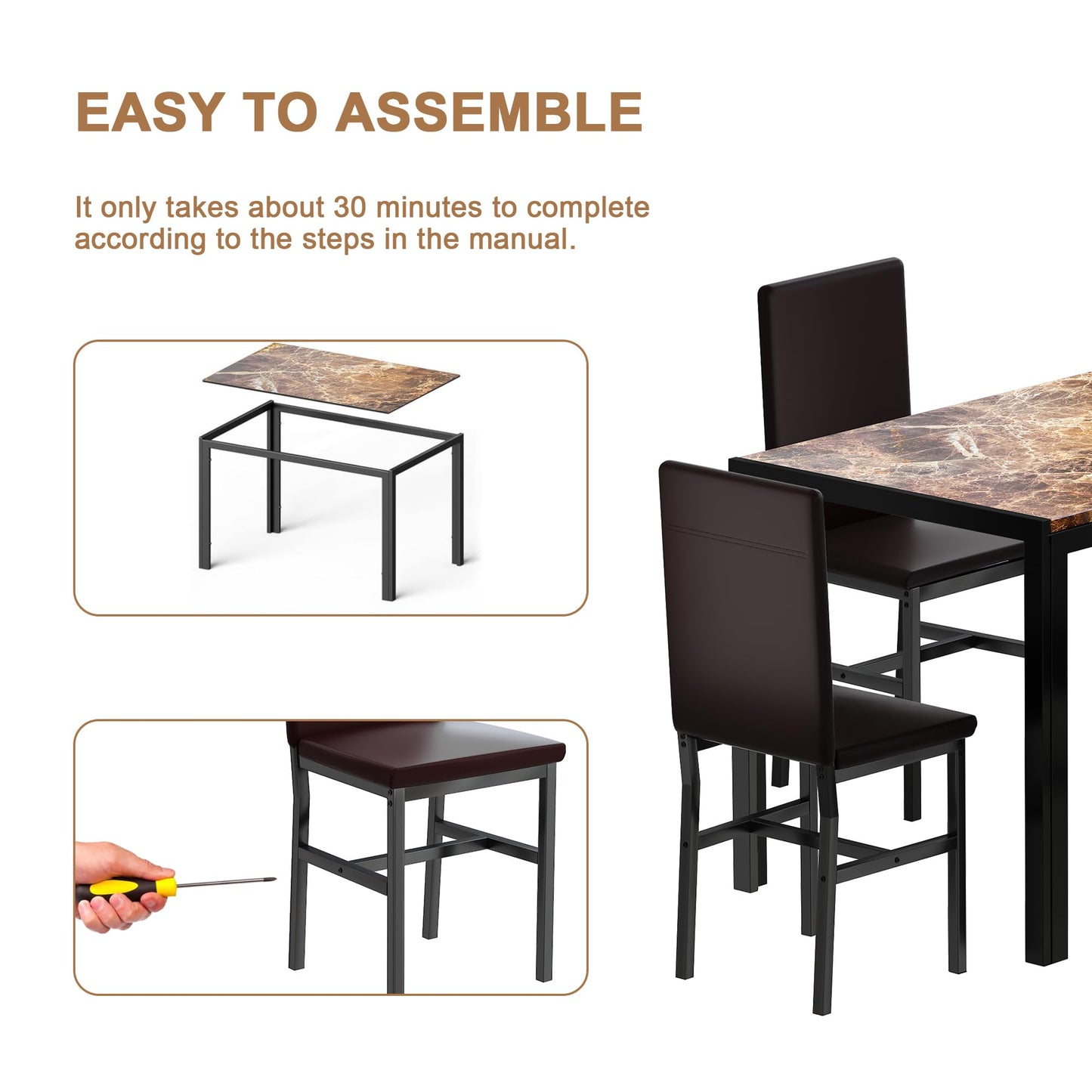 AWQM Modern Kitchen Marble Dining Table and Chairs Set, 4 Person Dining Table Set