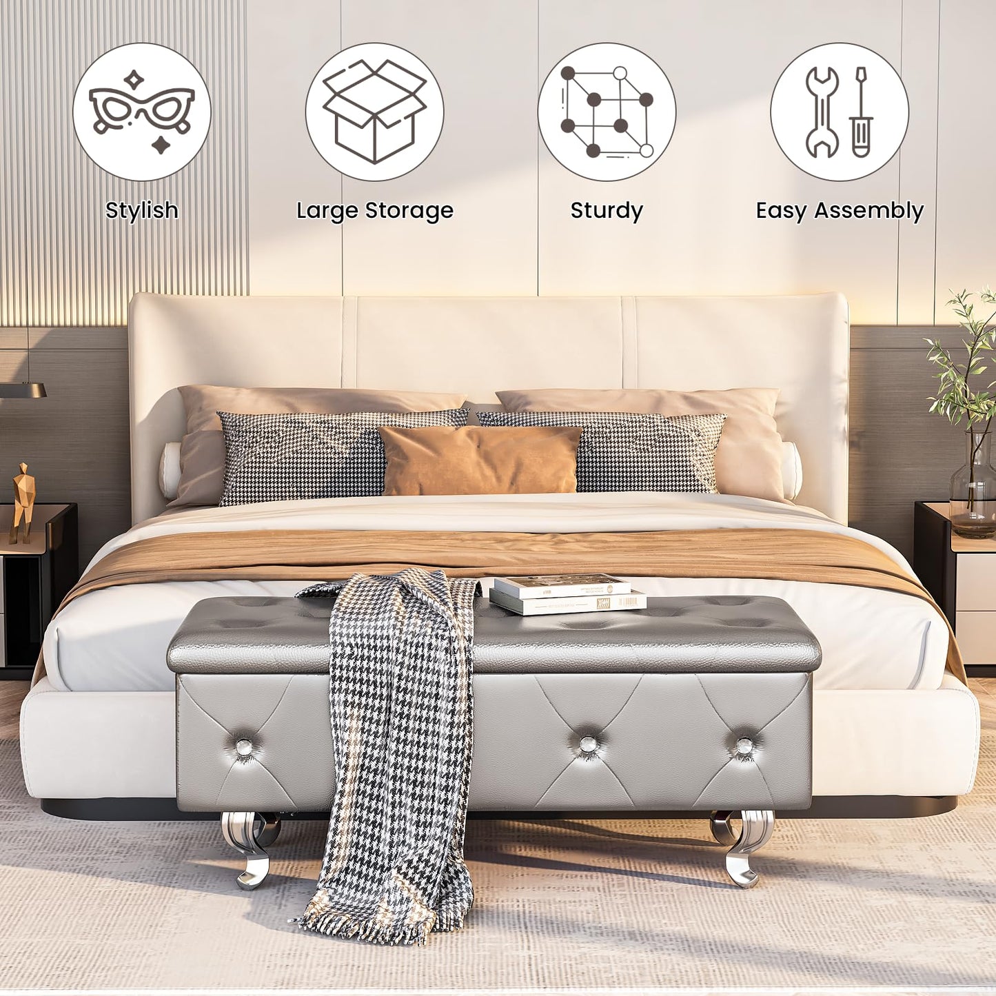 AWQM Upholstered Storage Bench, Safety Hinged Tufted Bed Bench
