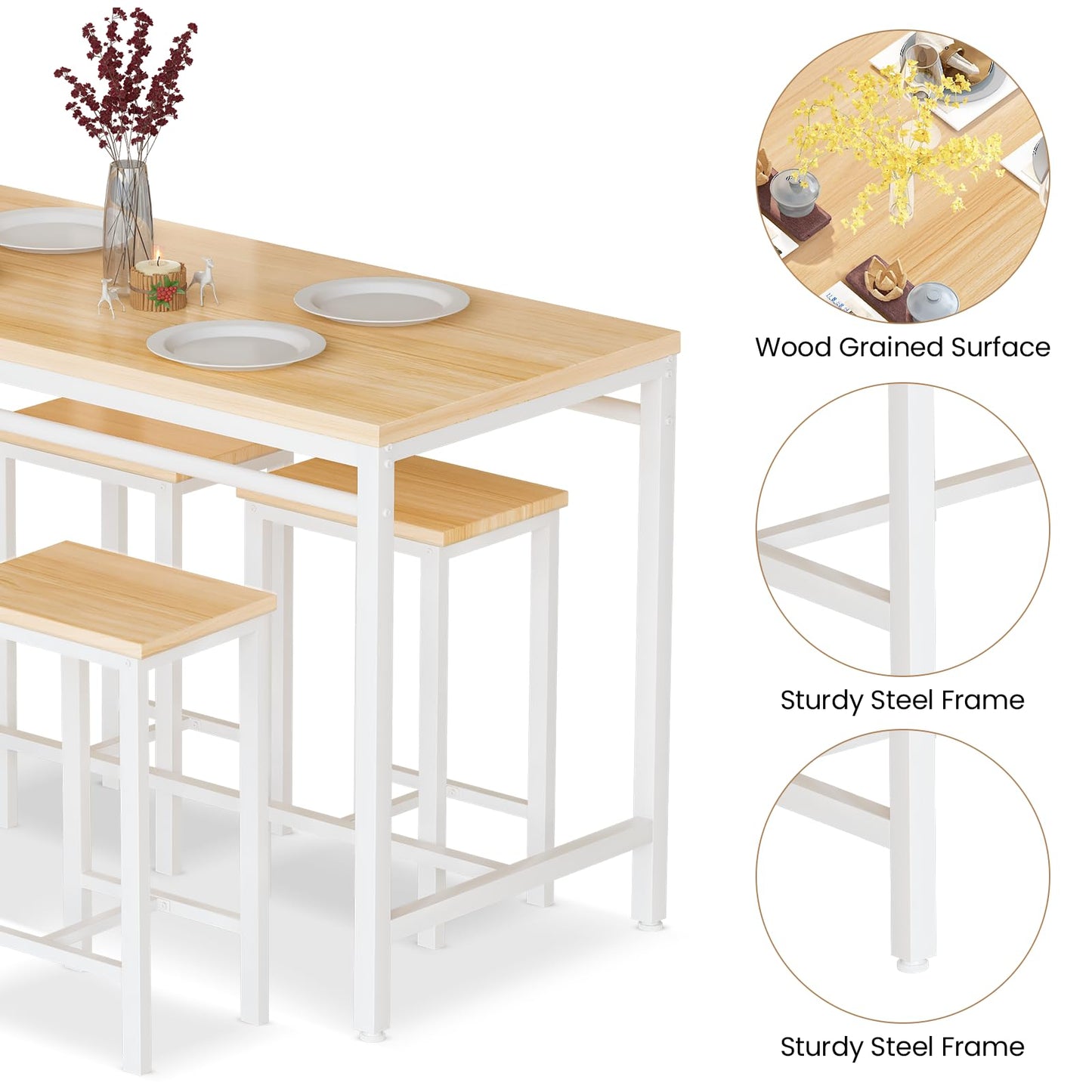 AWQM Industrial High Bar Table and Chair Set 5 Piece Dining Table for 4 Persons