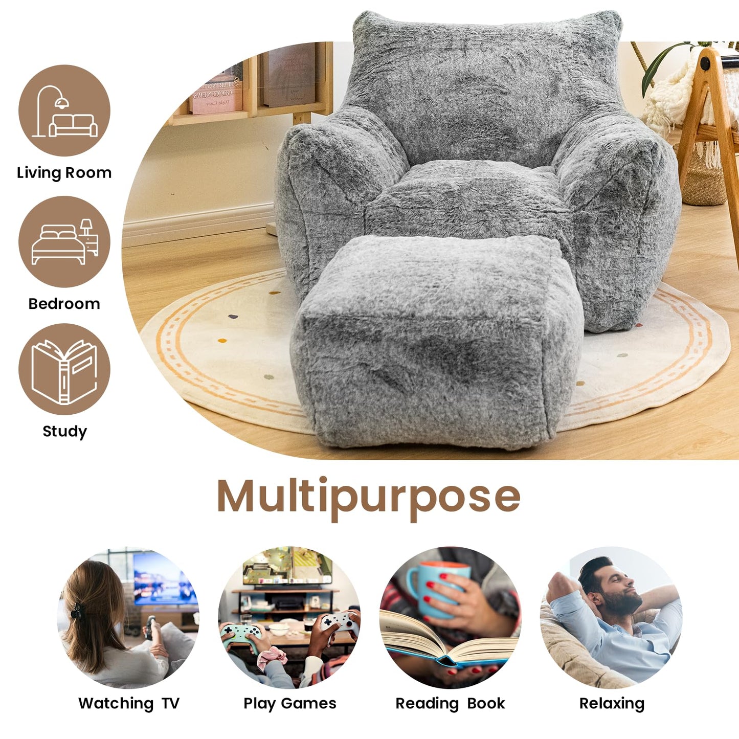AWQM Bean Bag Chair with Footstool, Bean Bag Chair with Padded Arms