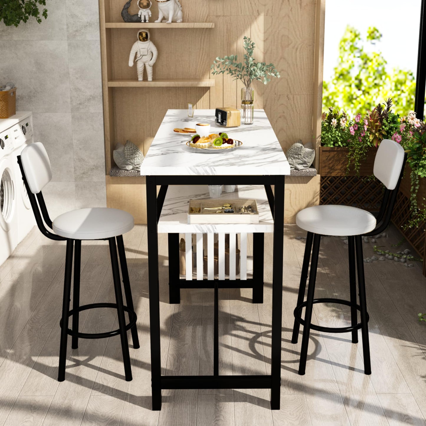 AWQM Marble 3 Piece Bar Table and Chairs Set, 2 PU Cushion Bar Stools