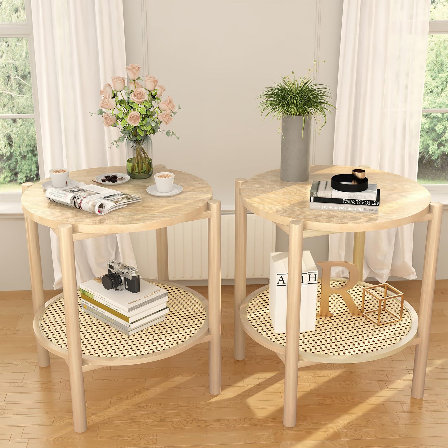 AWQM 2-tier round coffee table, rattan bedside table small bedside table