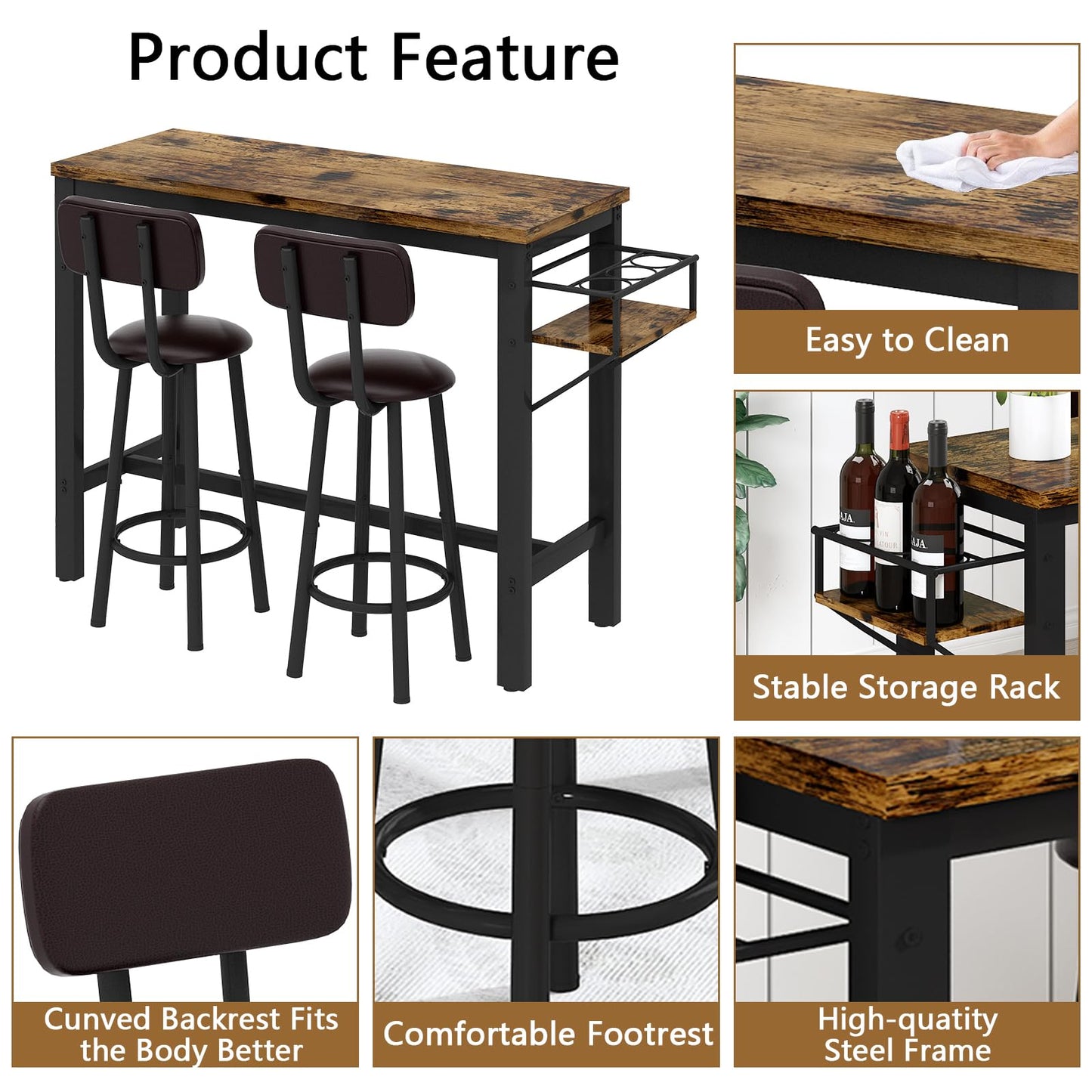 AWQM 2 Person Dining Table Set, Small Kitchen Table Set, Bar Table and Chairs Set of 3