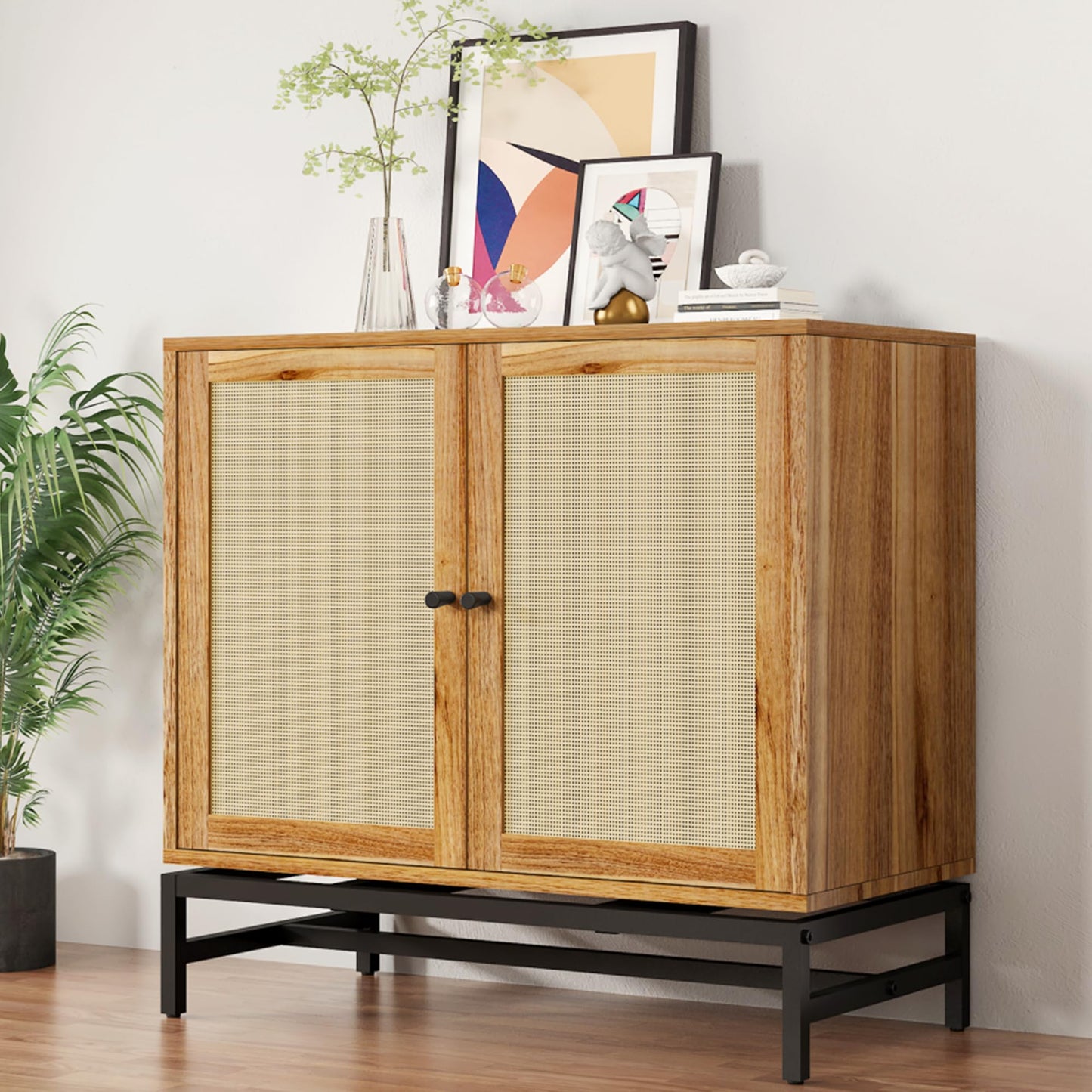 AWQM Industrial Wooden Door Rattan Storage Cabinet Metal Legs