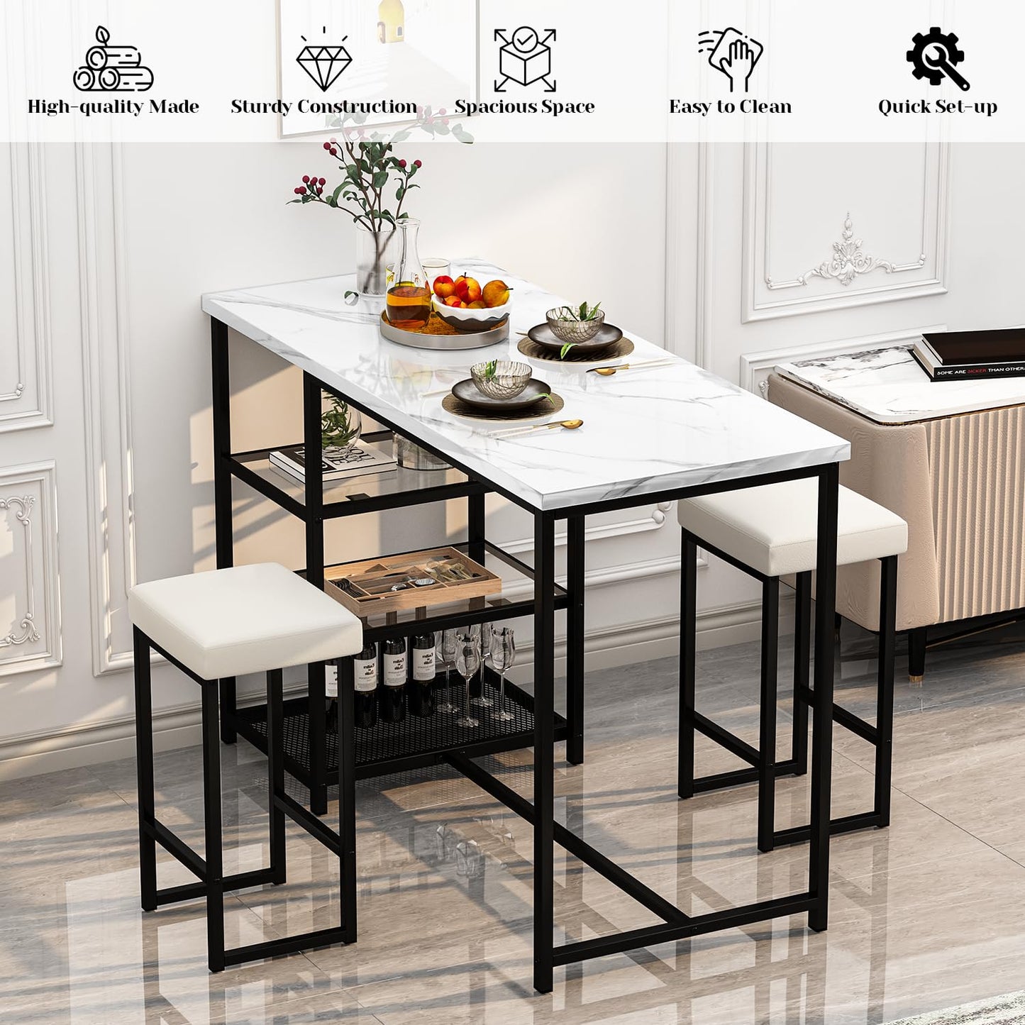 AWQM Marble Kitchen Island Bar 3 Piece Dining Table Set for 2 with 2 Velvet Stools