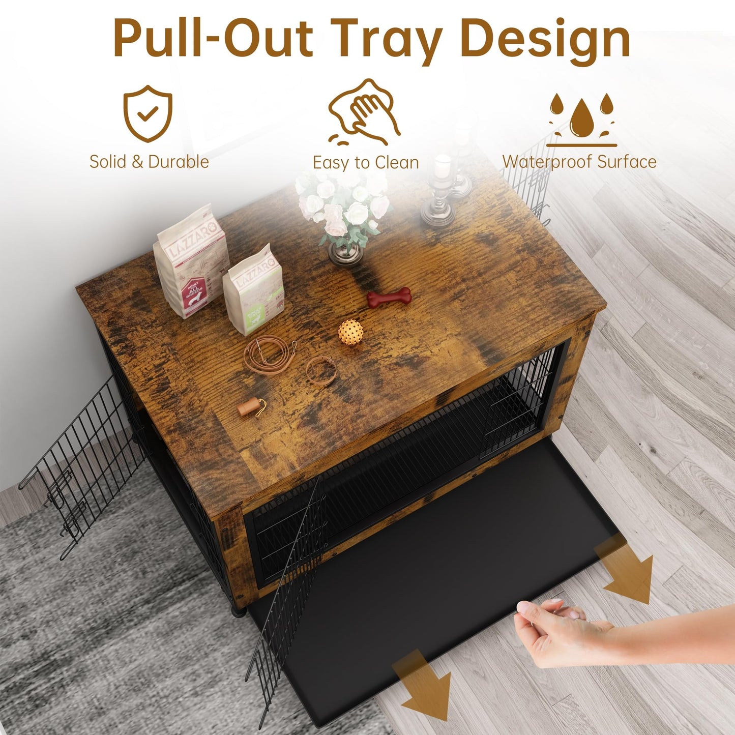AWQM wooden dog crate furniture with pull out tray, three door dog kennel