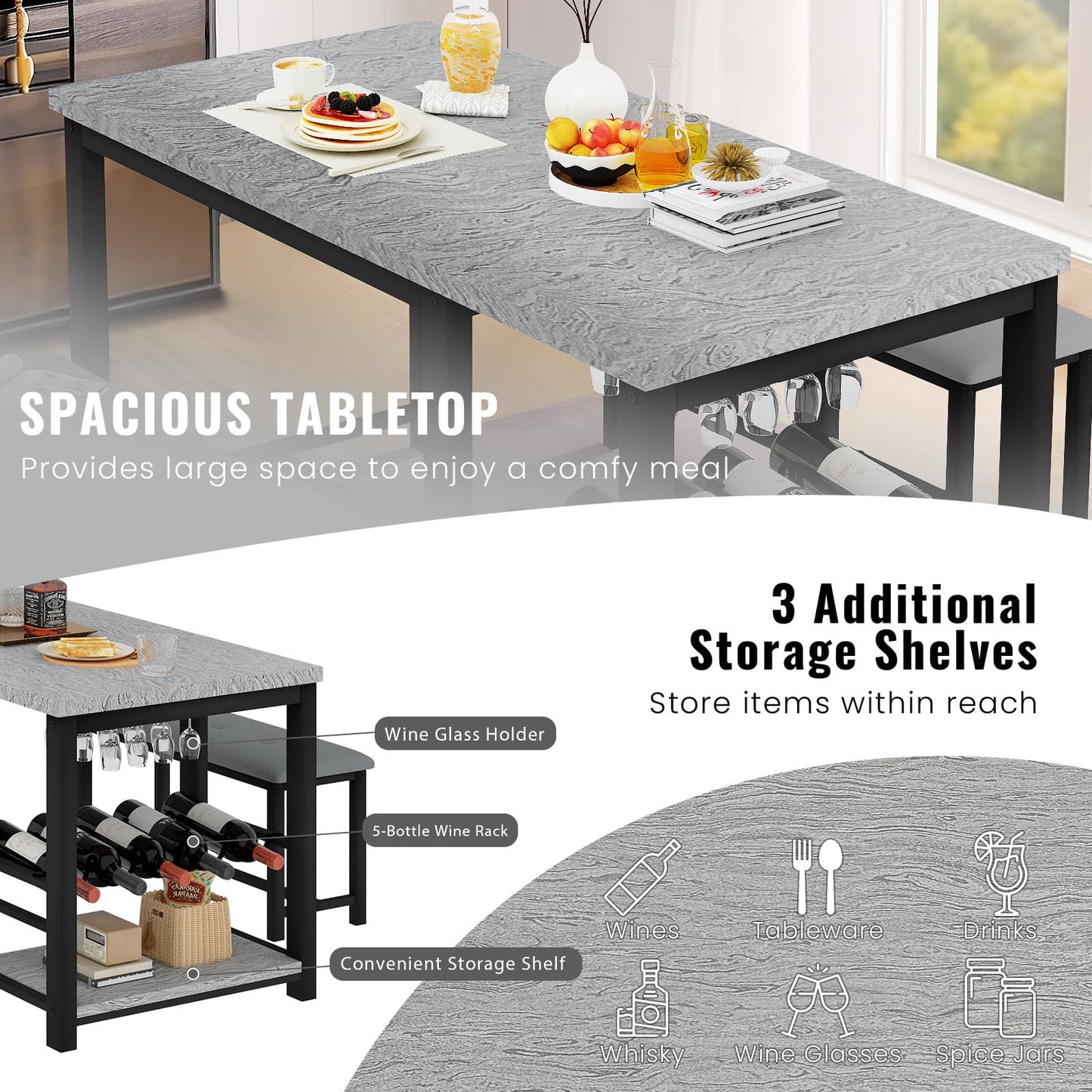 AWQM Marble Dining Table Set for 2-4 with Wine Rack, Storage Shelves