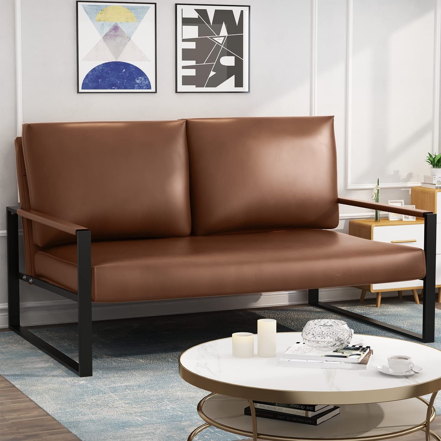 AWQM Mid-Century Modern Sectional Sofa, Upholstered Faux Leather Loveseat
