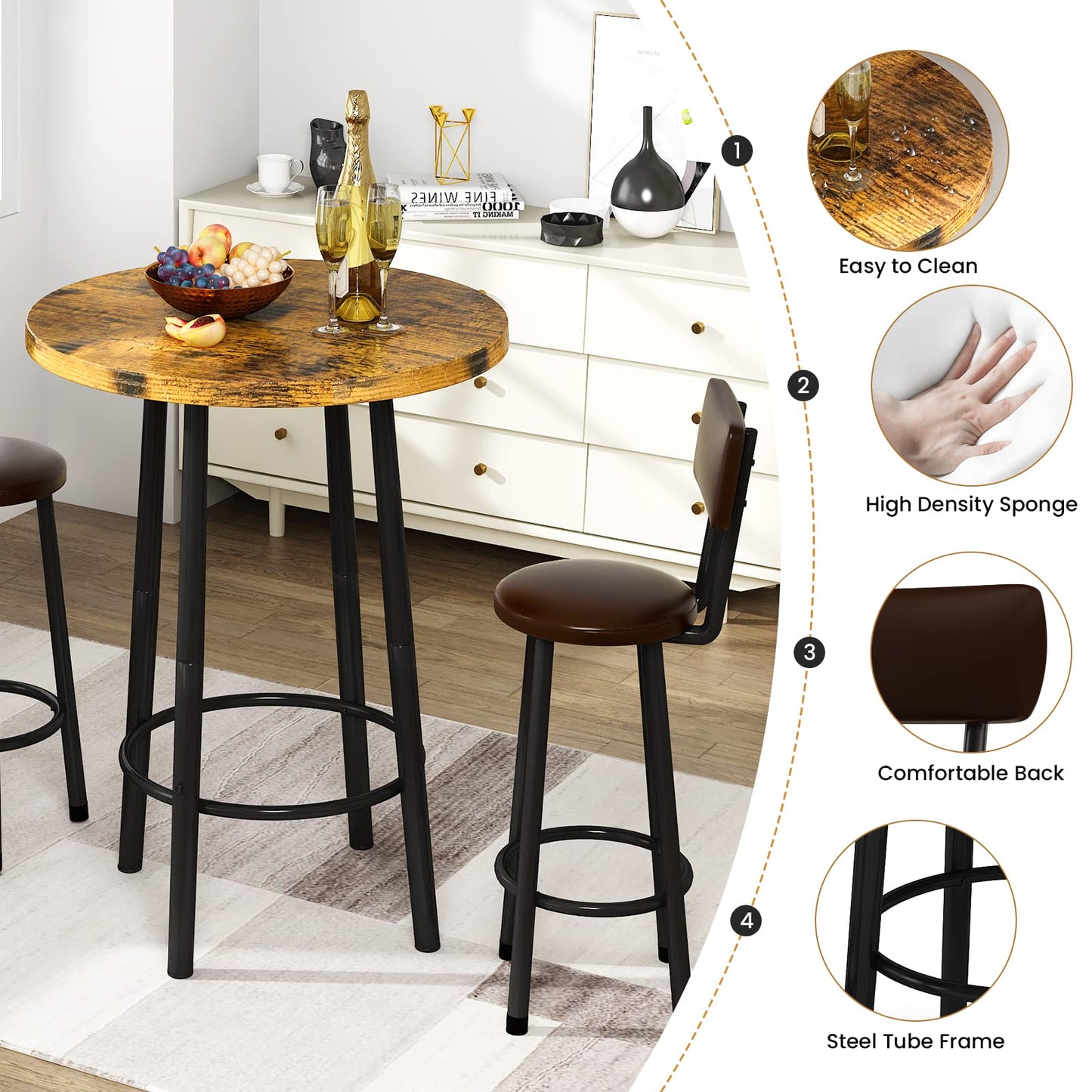AWQM  Industrial Wooden Pub Dining Set of 3, Modern Pub Table for Two