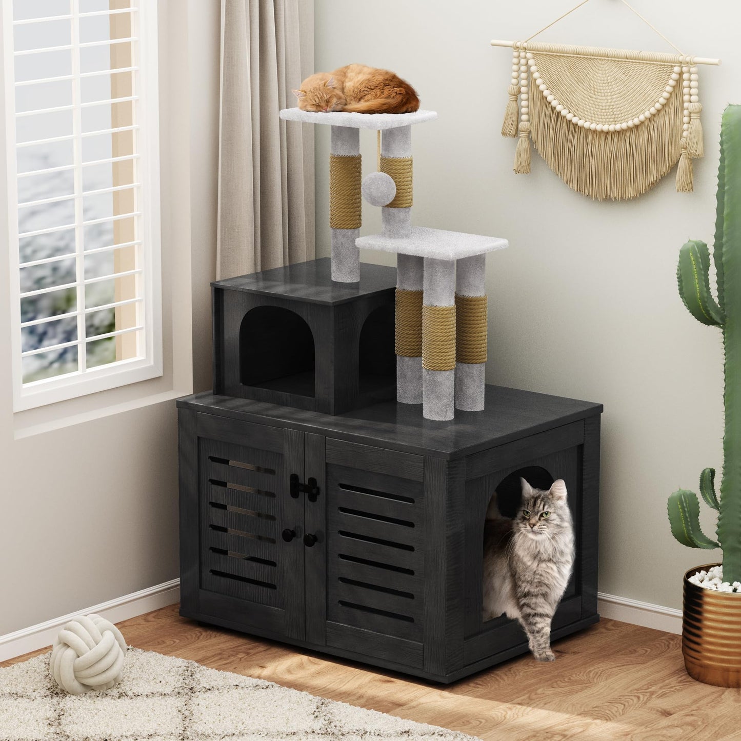 AWQM Cat Tree with Litter Box Enclosure Partition Hidden Litter Box