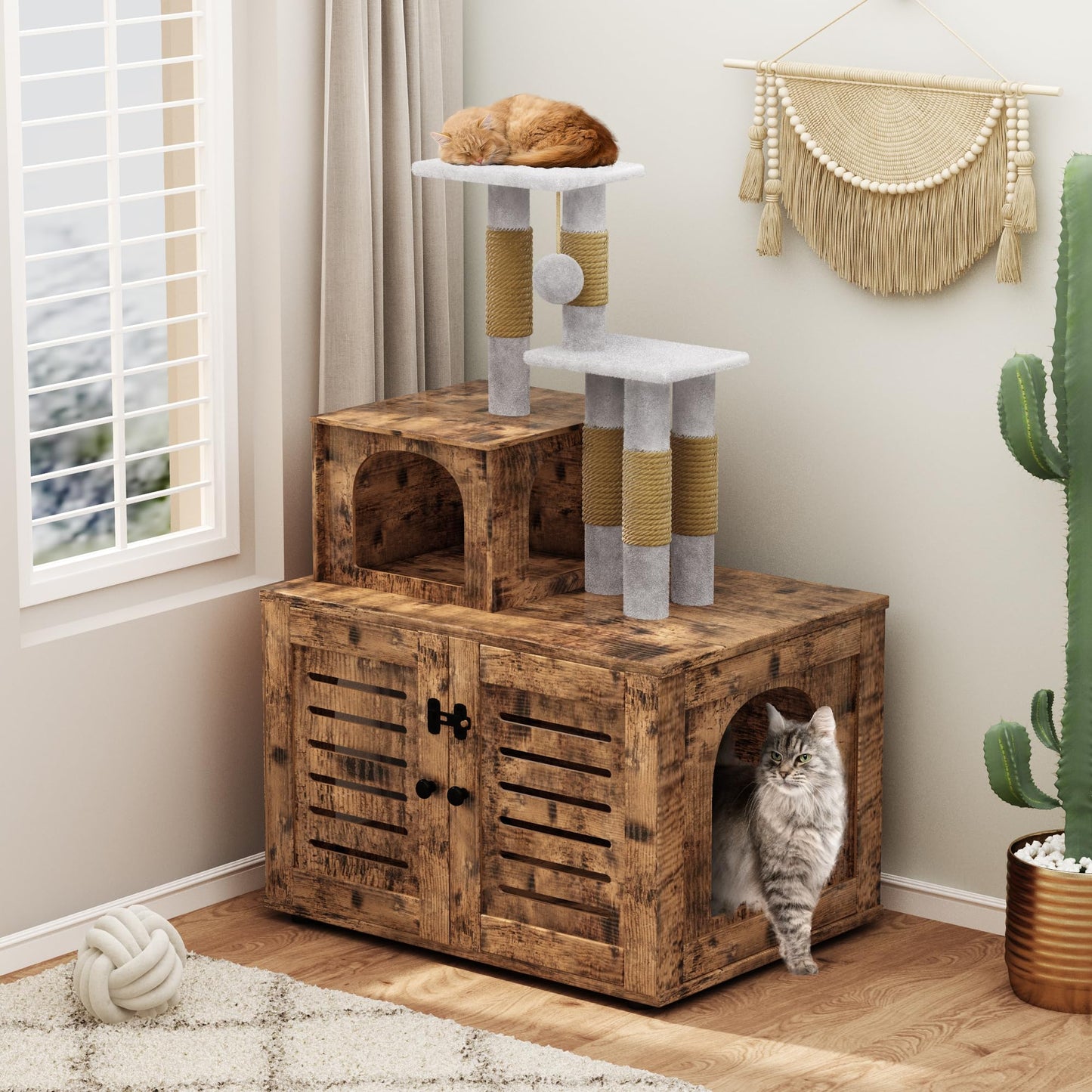 AWQM Cat Tree with Litter Box Enclosure Partition Hidden Litter Box