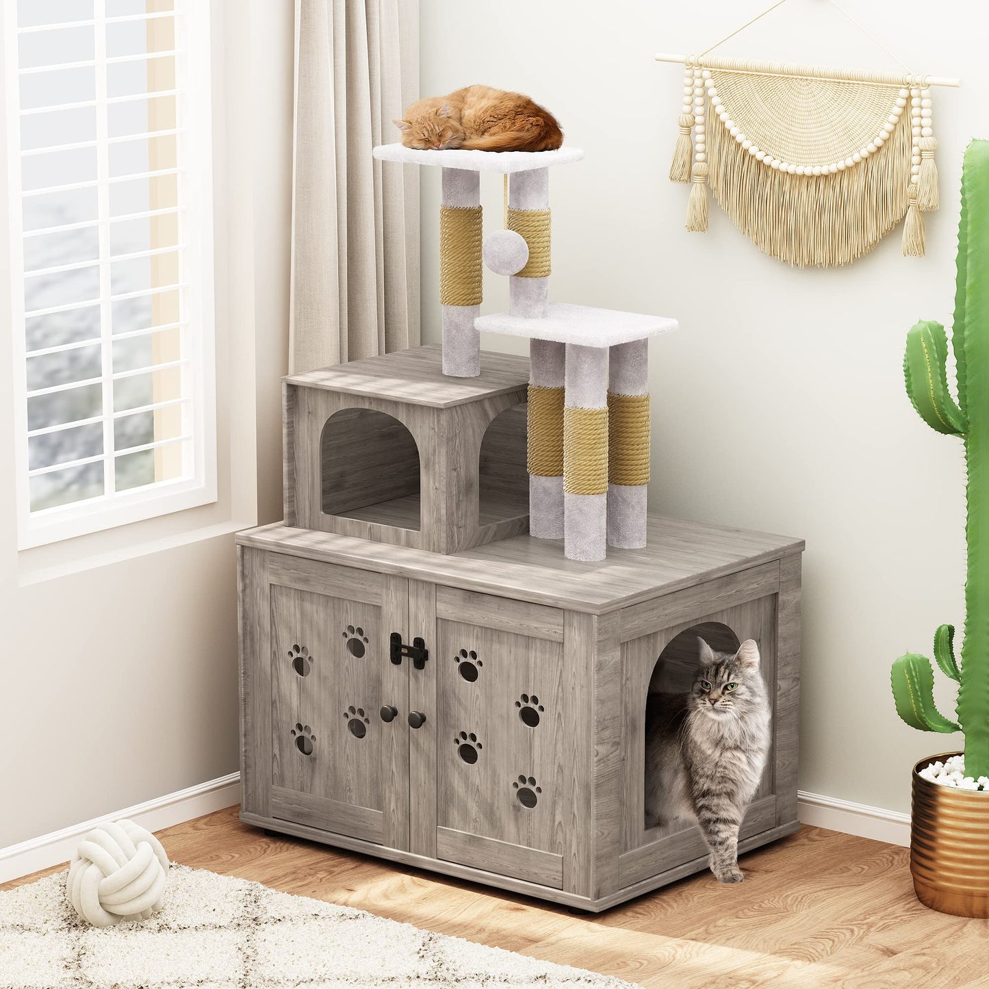 AWQM Cat Tree with Litter Box Enclosure, Bulkhead Concealed Litter Box
