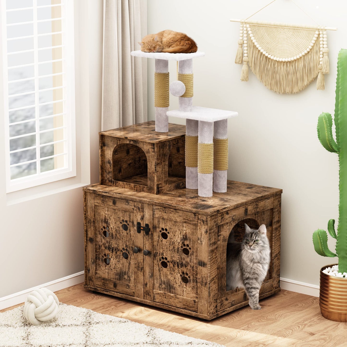 AWQM Cat Tree with Litter Box Enclosure, Bulkhead Concealed Litter Box